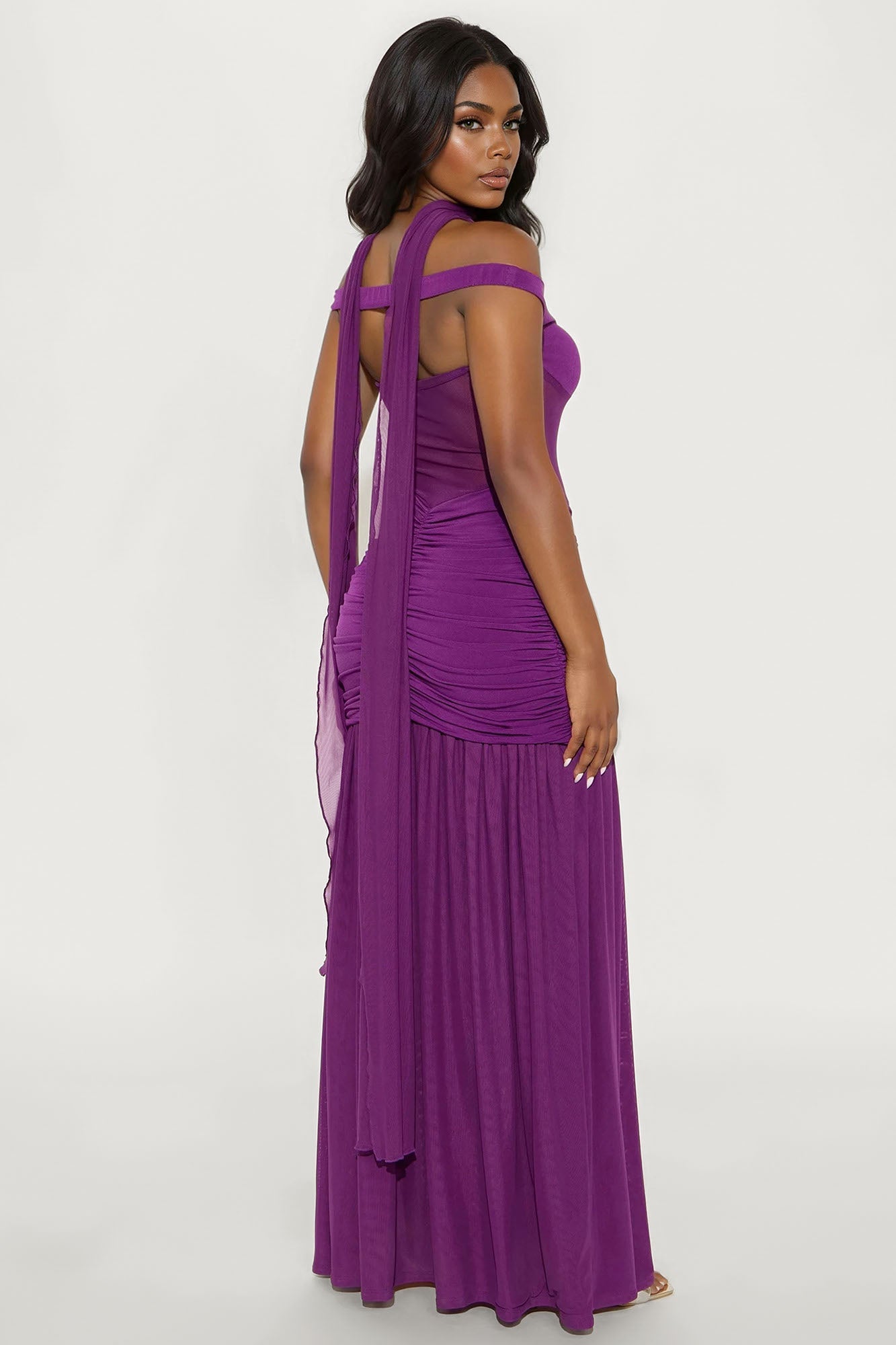 Naiya Off Shoulder Ruched Gown - Plum