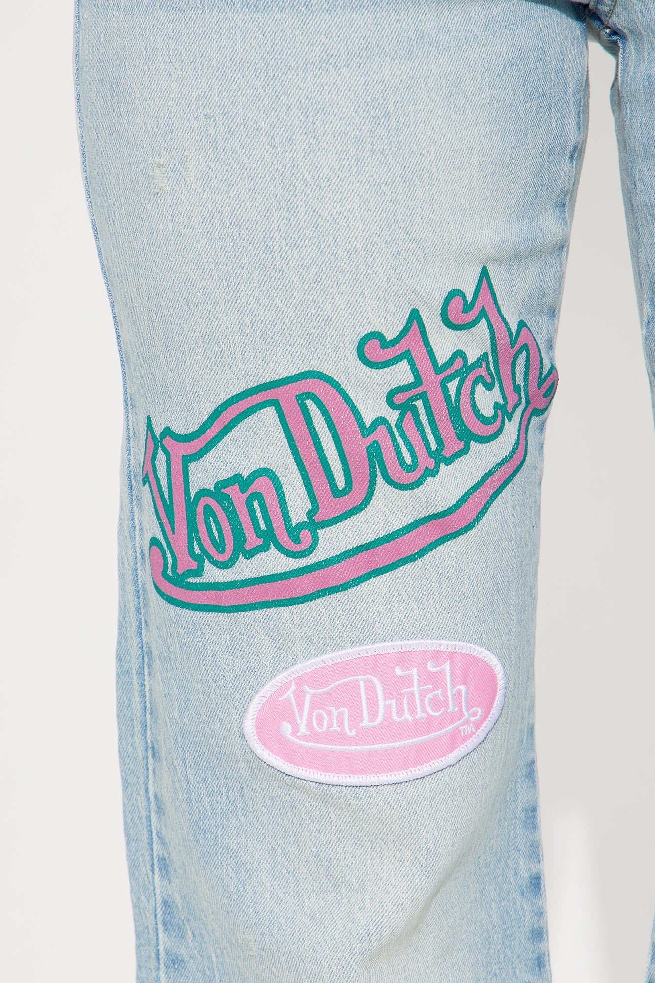 Von Dutch Patches Low Rise Flare Jeans - Light Wash