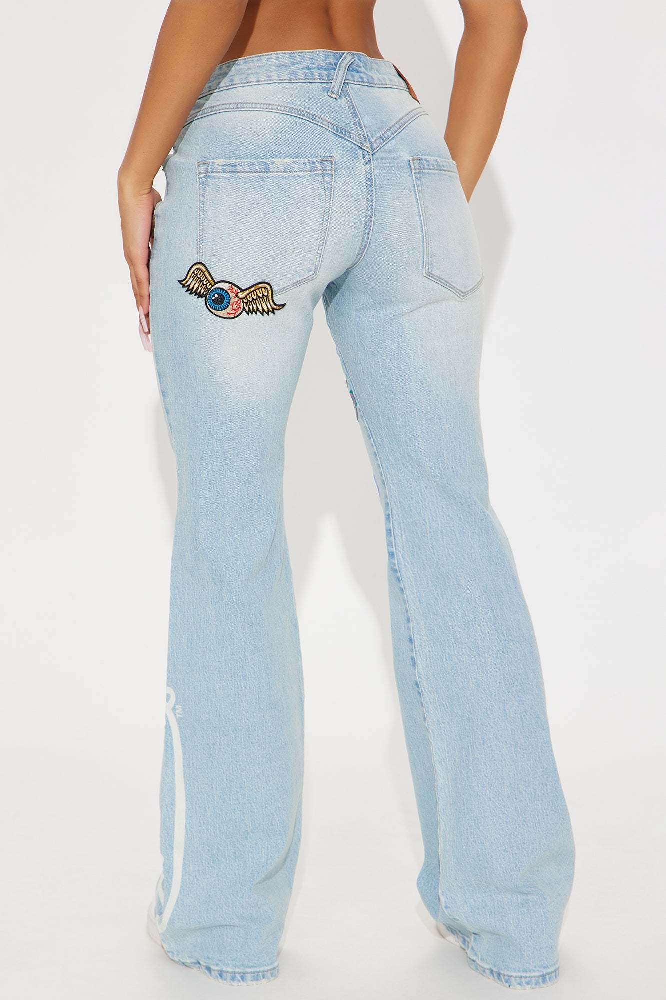 Von Dutch Patches Low Rise Flare Jeans - Light Wash