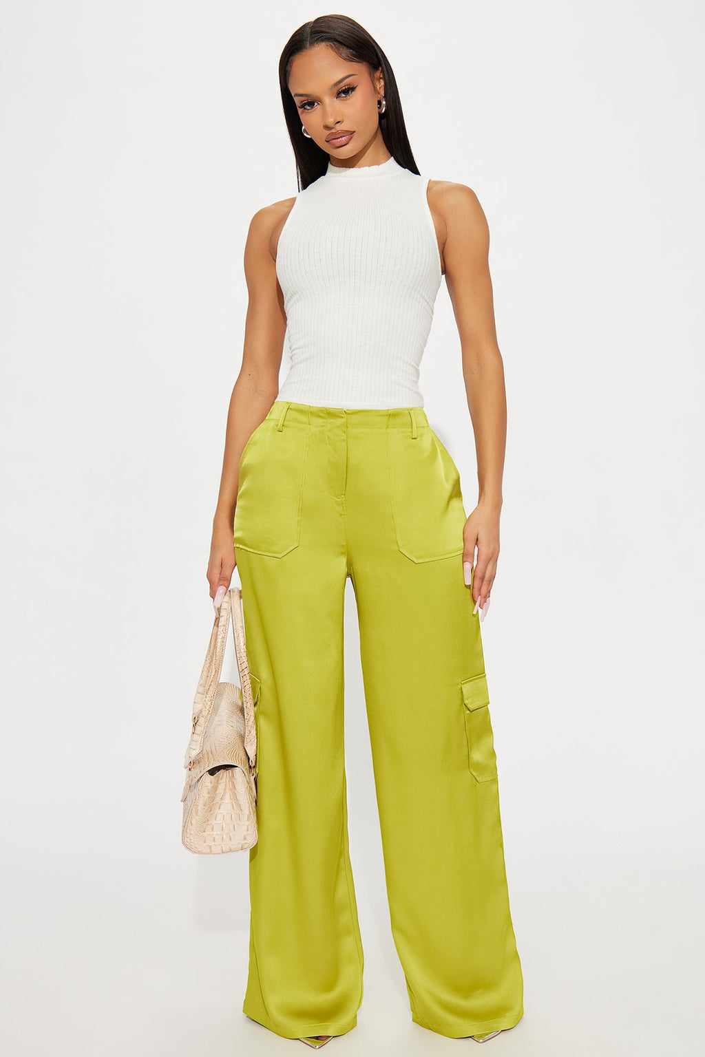 Pretty Girl Walk Satin Cargo Pant - Chartreuse