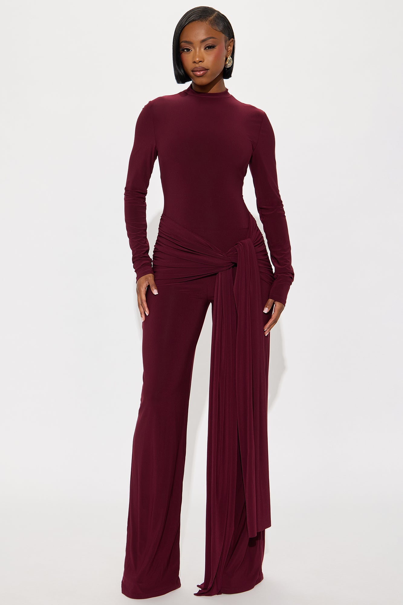 Lainey Long Sleeve Wide Leg Jumpsuit - Burgundy