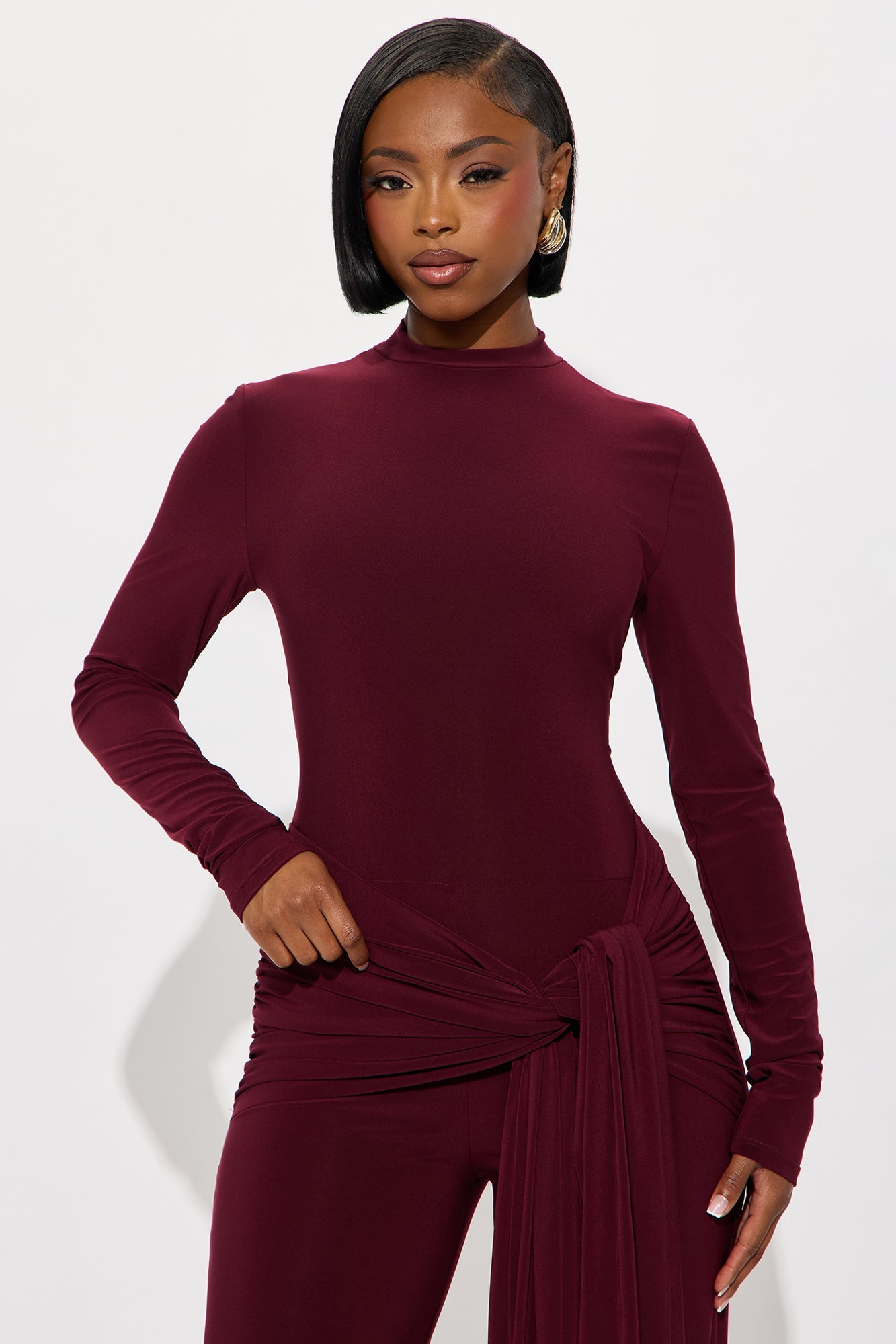 Lainey Long Sleeve Wide Leg Jumpsuit - Burgundy