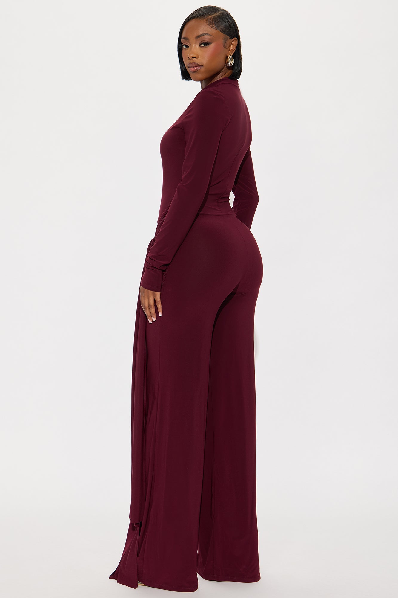 Lainey Long Sleeve Wide Leg Jumpsuit - Burgundy