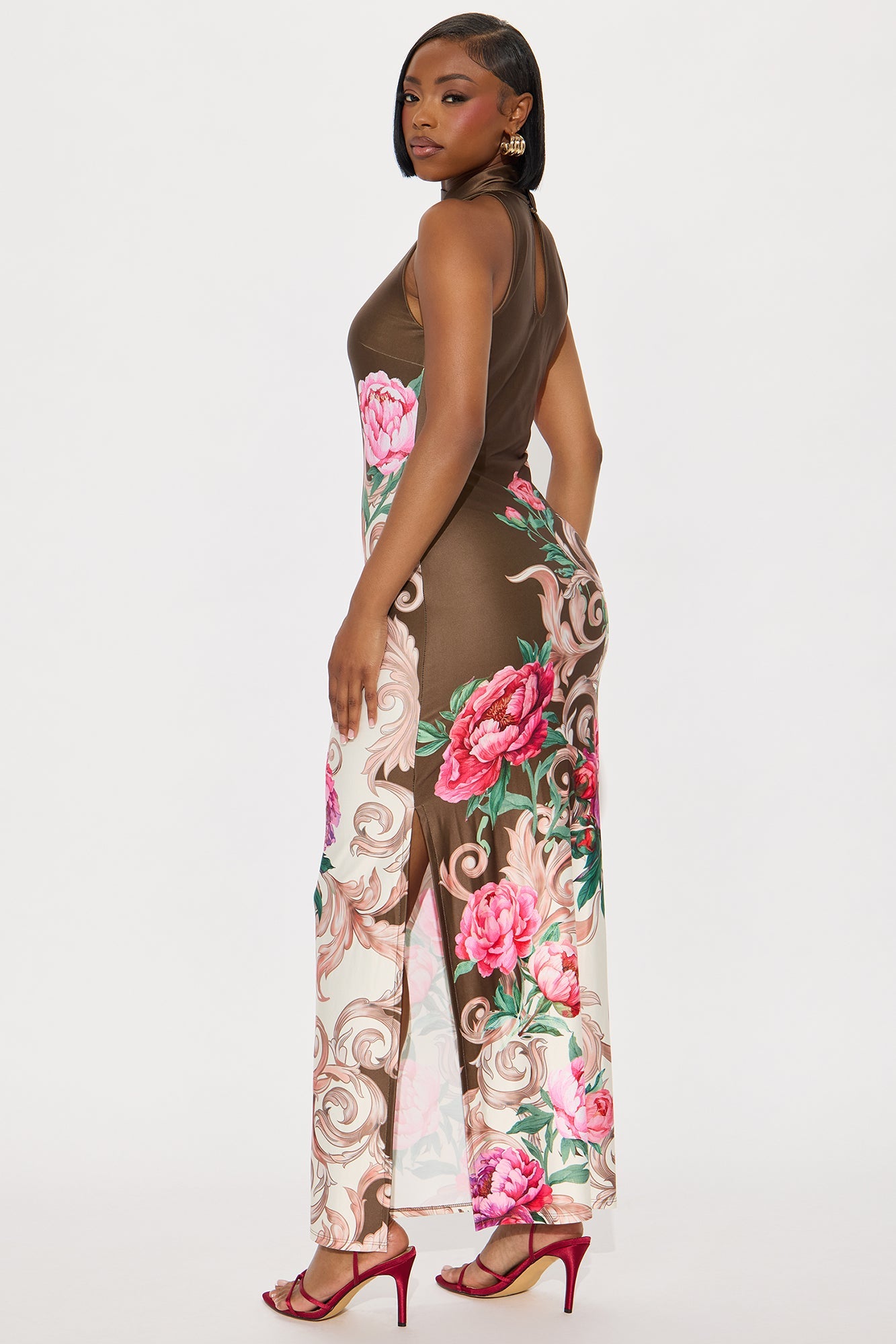 Caroline Mock Neck Maxi Dress - Brown/combo