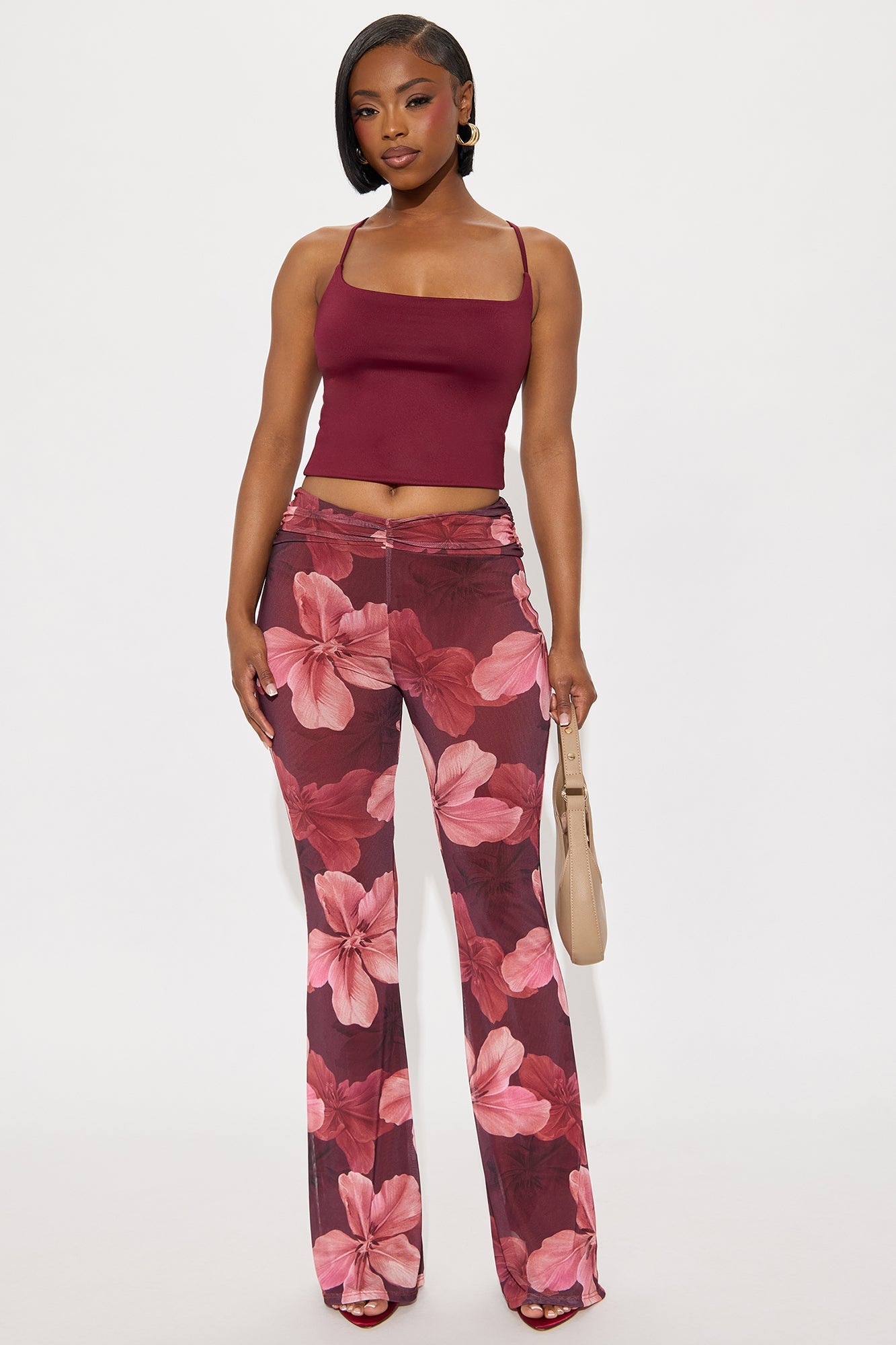 Floral Escape Mesh Straight Leg Ruched Pant 33 - Burgundy/combo
