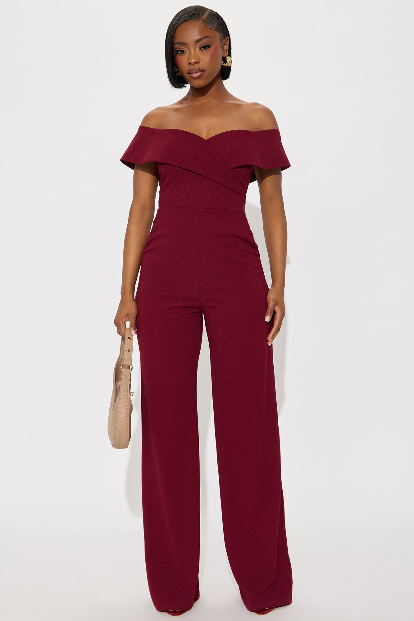 Sweet On You Off Shoulder Wide Leg Jumpsuit - Burgundy