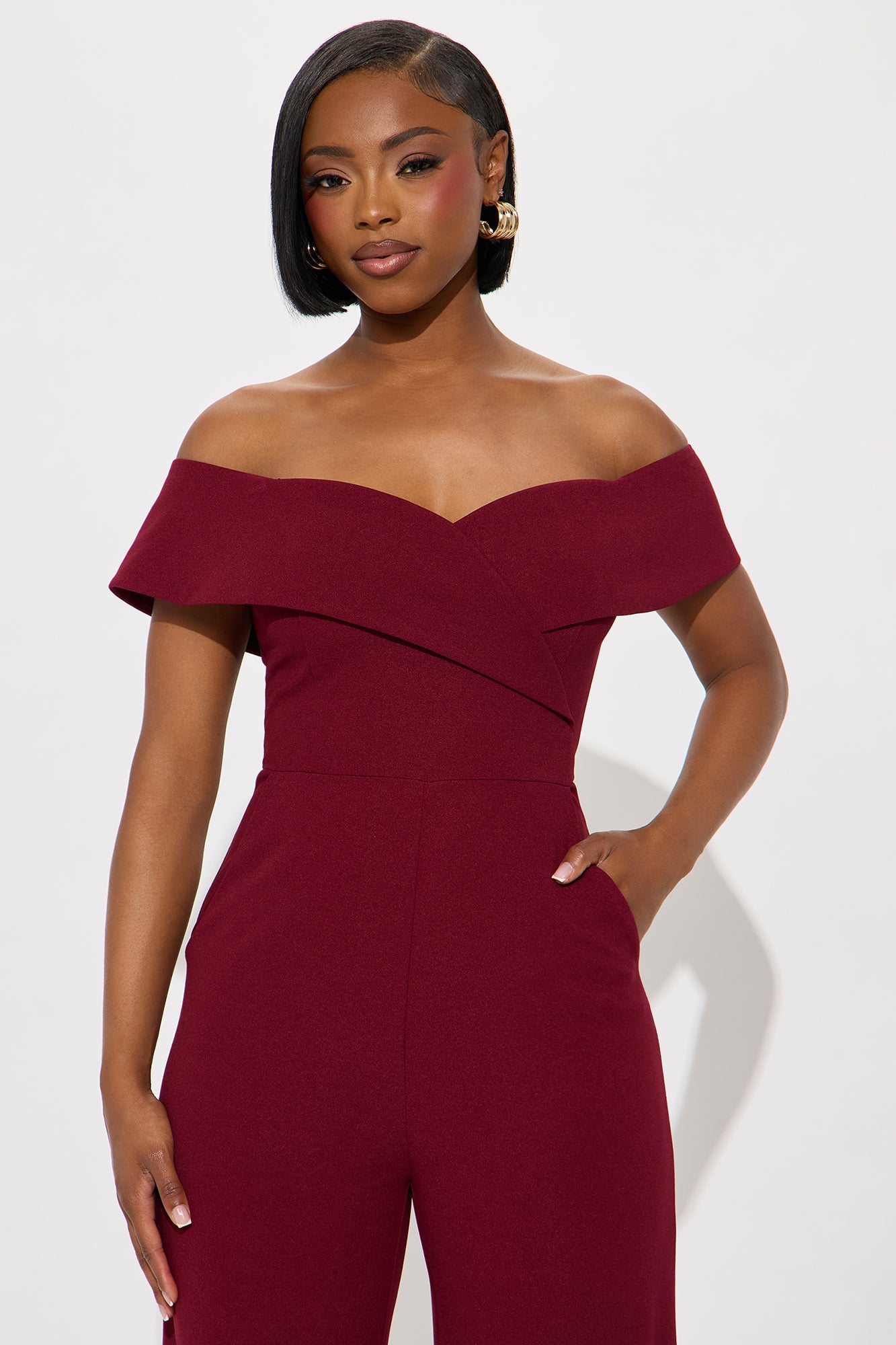 Sweet On You Off Shoulder Wide Leg Jumpsuit - Burgundy