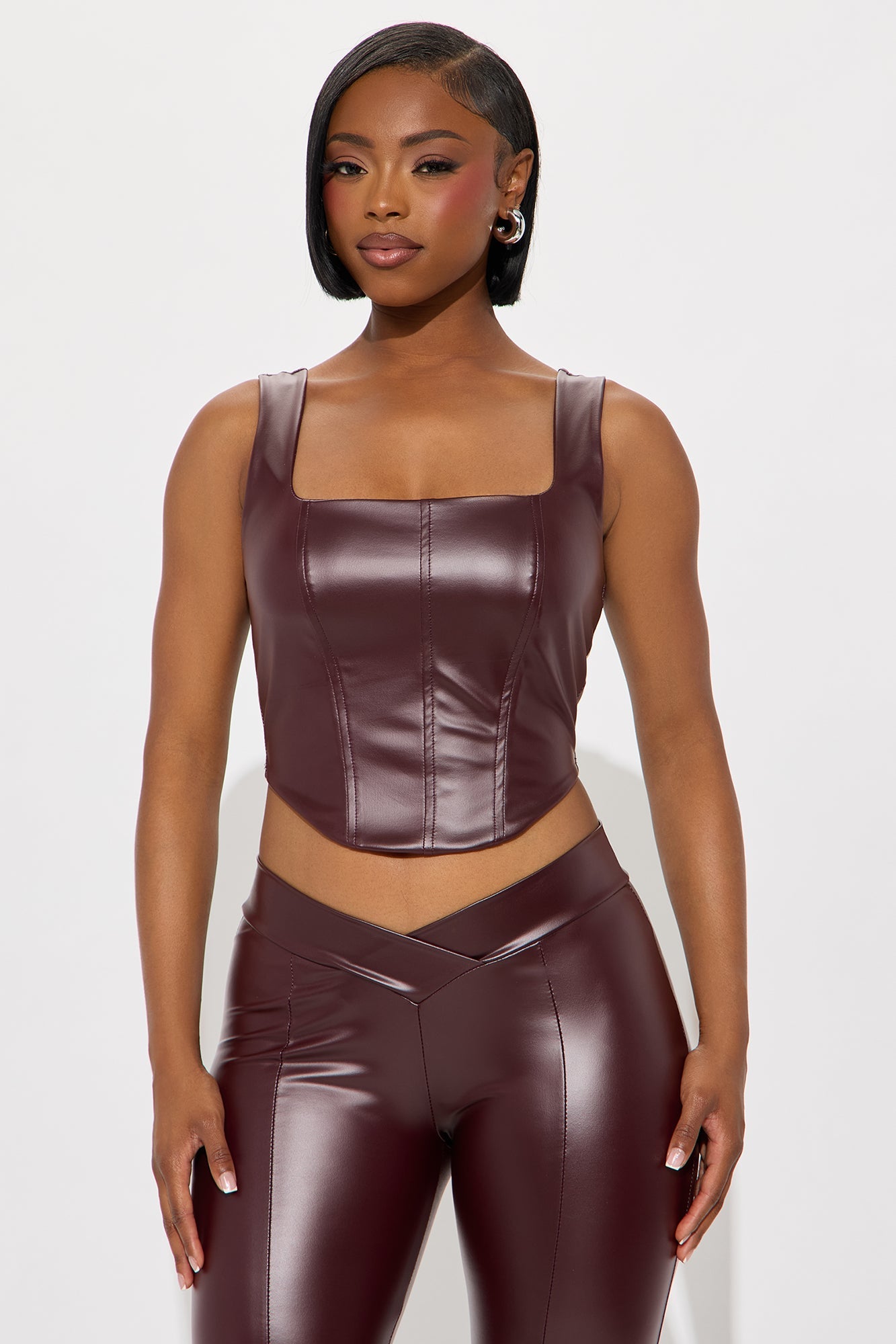 Casey Low Rise Faux Leather Pant Set - Burgundy