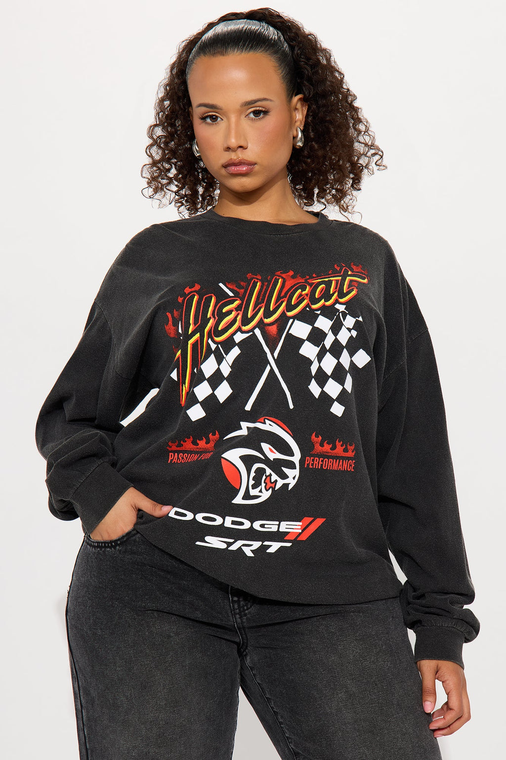 Dodge Hellcat Washed Long Sleeve Tee - Black