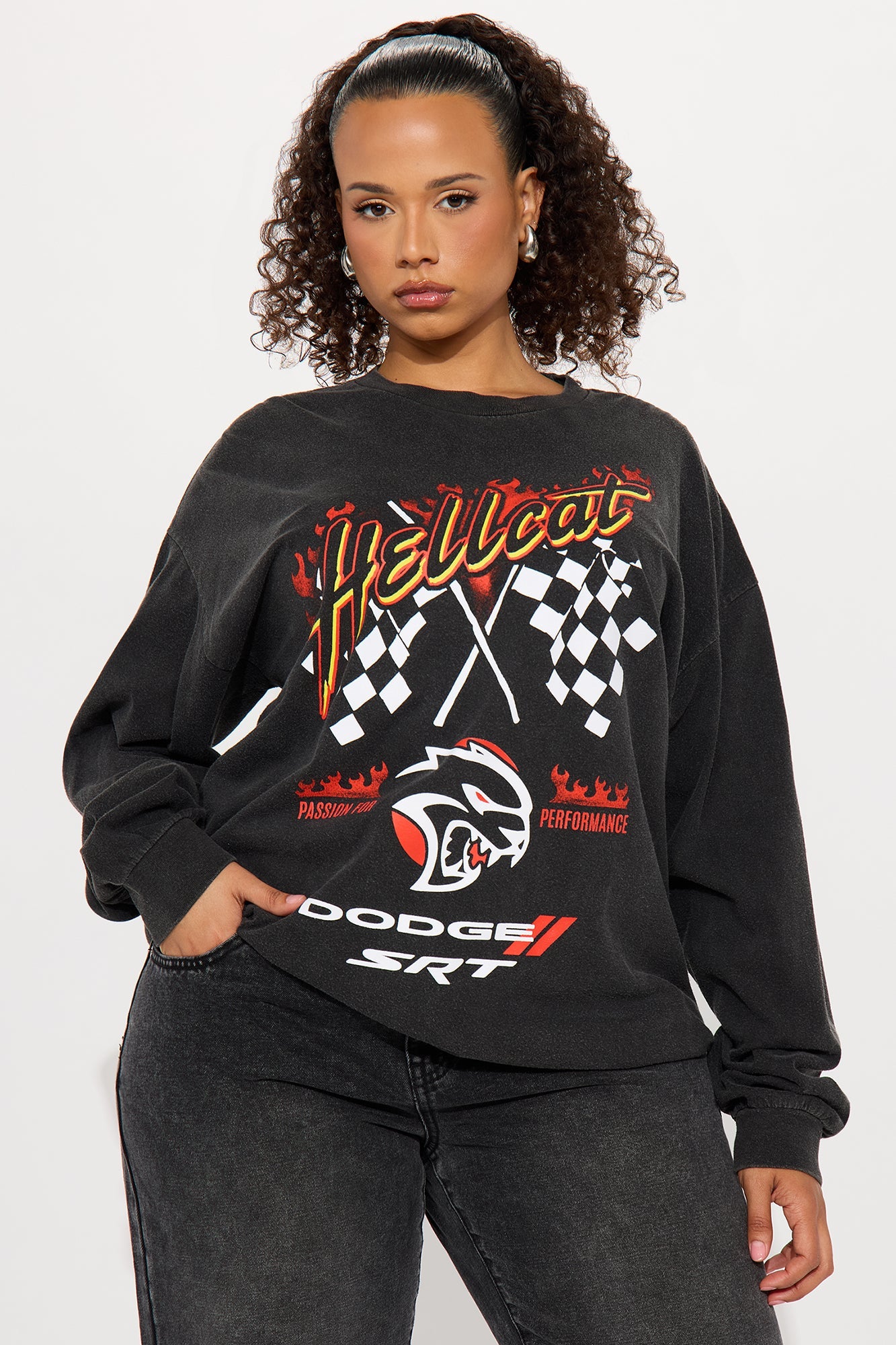 Dodge Hellcat Washed Long Sleeve Tee - Black
