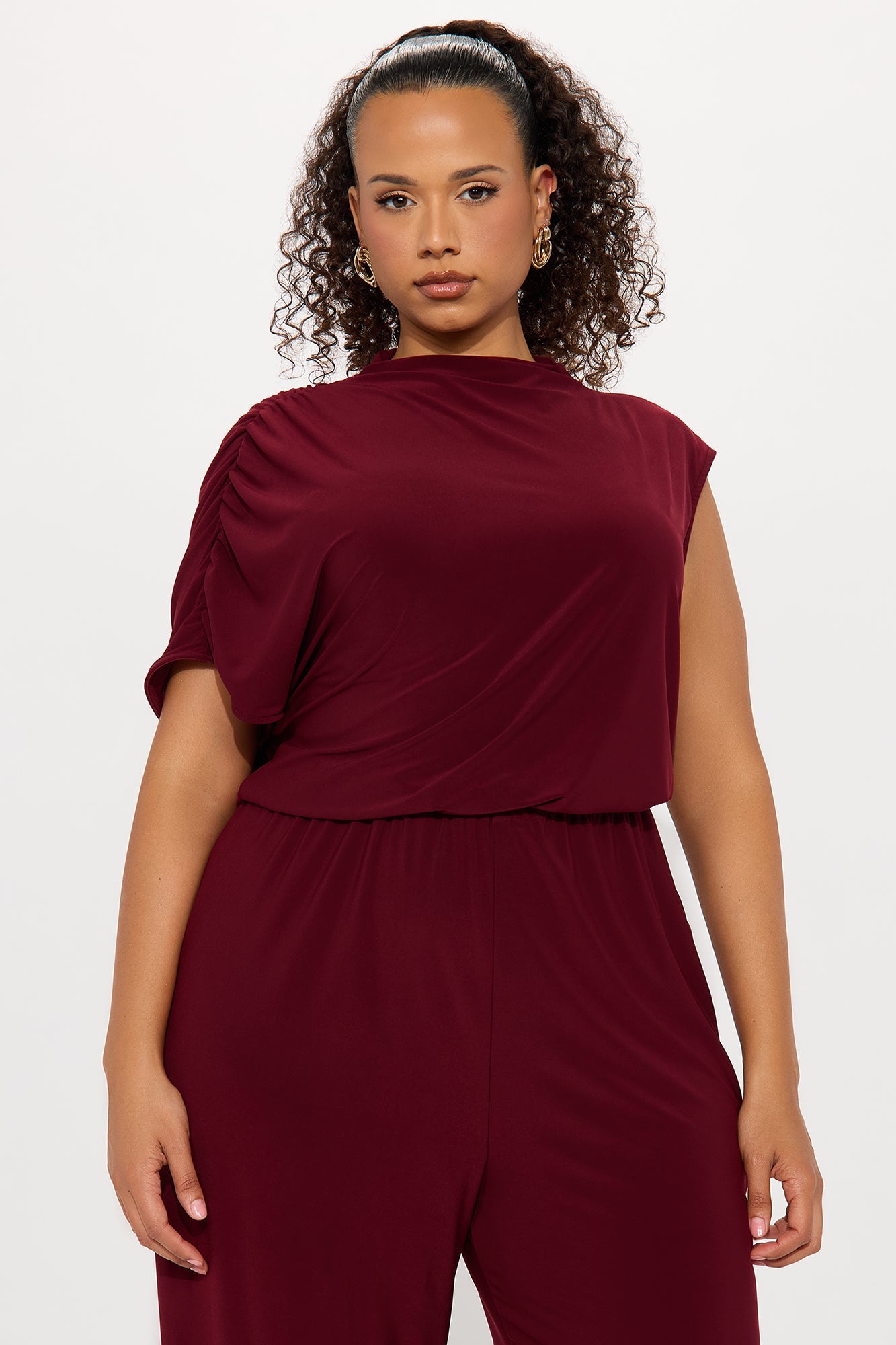 Monica Mock Neck Wide Leg Jumpsuit - Wine