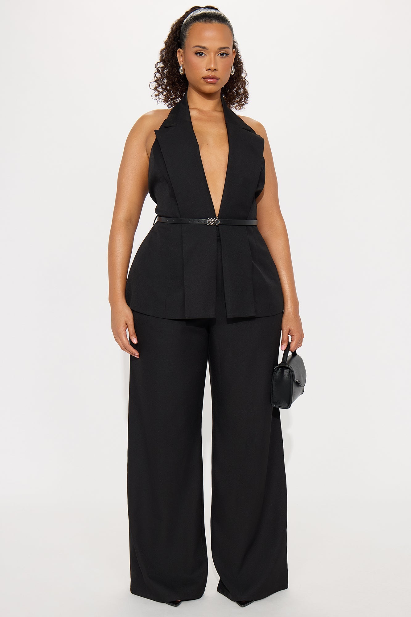 Divine Crepe Belted Vest And Pant Set - Black