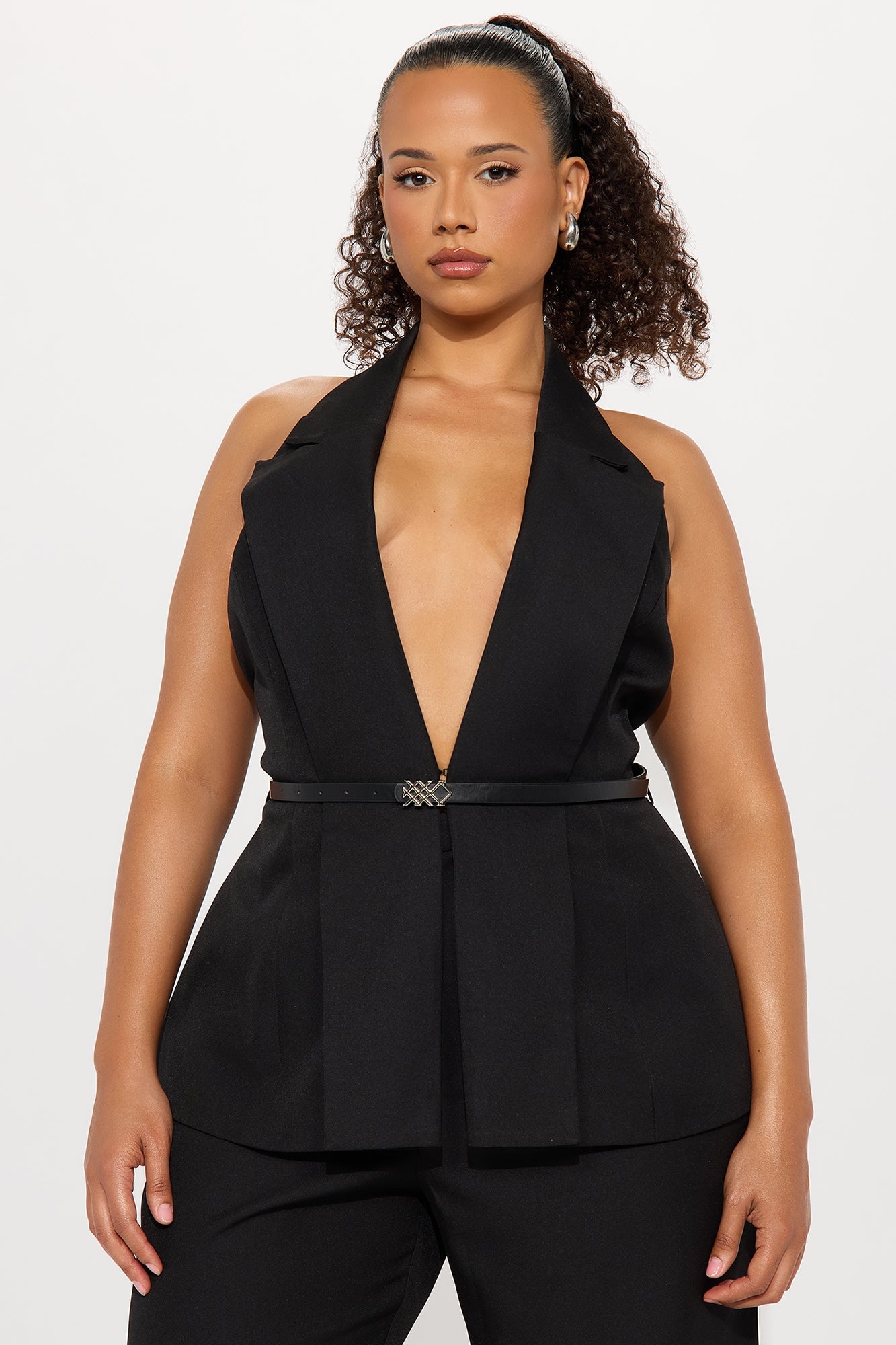 Divine Crepe Belted Vest And Pant Set - Black