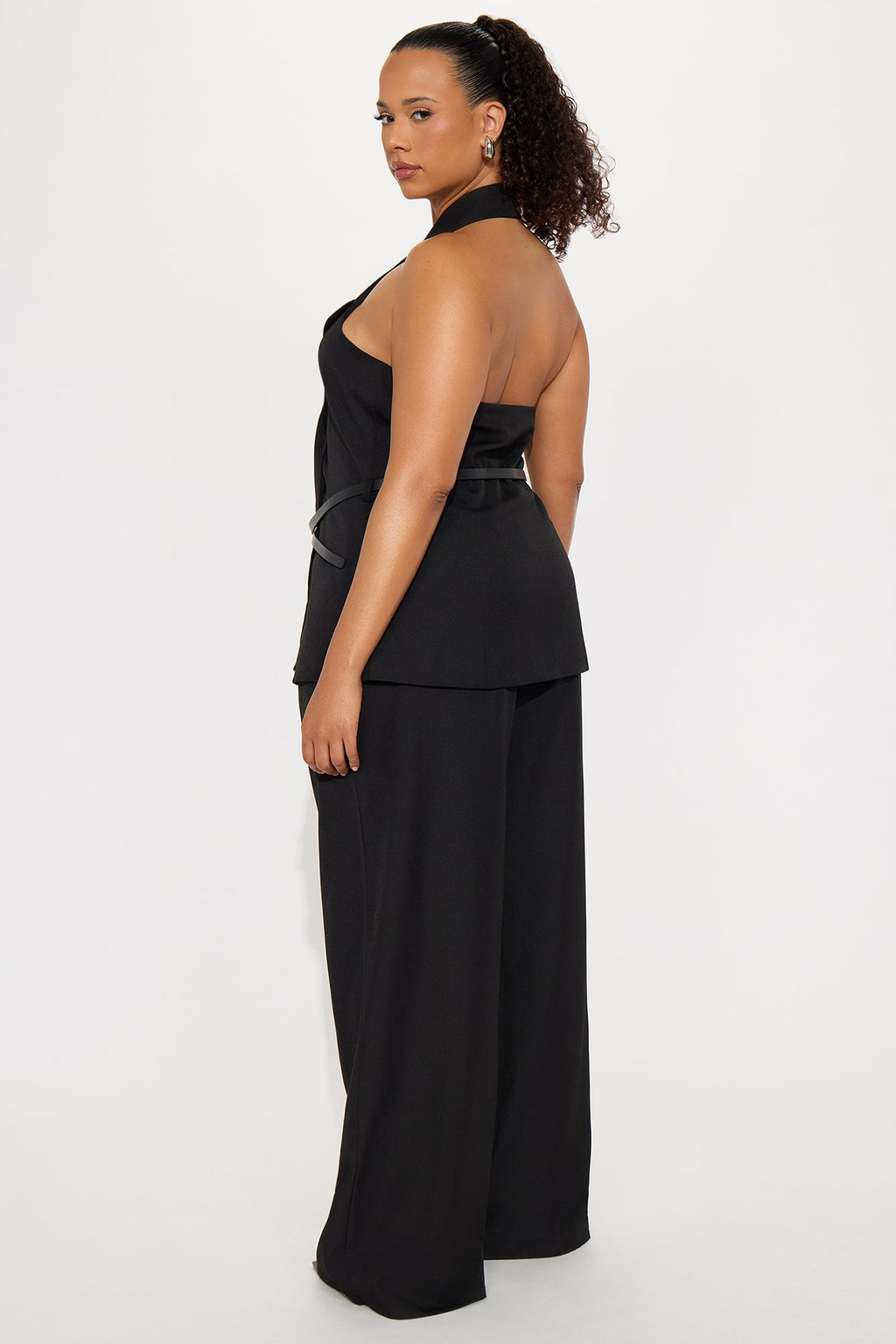 Divine Crepe Belted Vest And Pant Set - Black