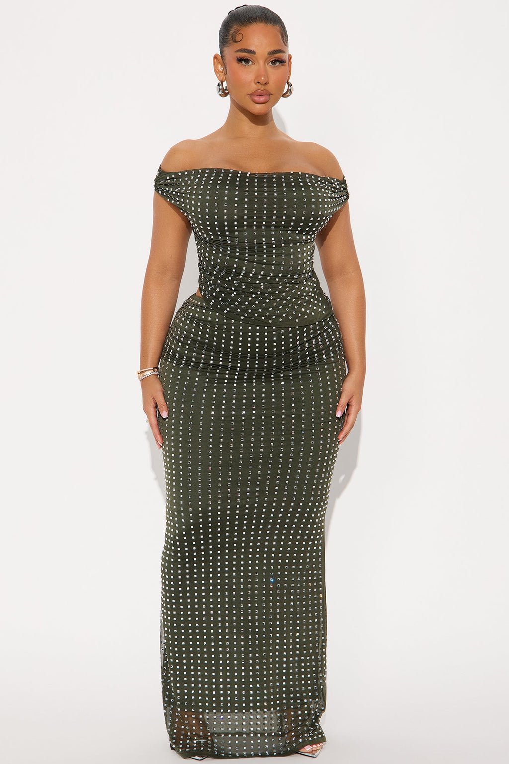 The Main Show Embellished Mesh Maxi Skirt Set - Hunter