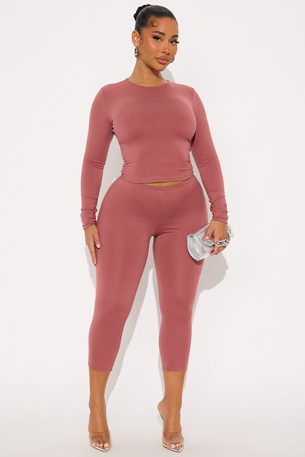 All Day Sleek Long Sleeve Matte Tricot Capri Set - Marsala 