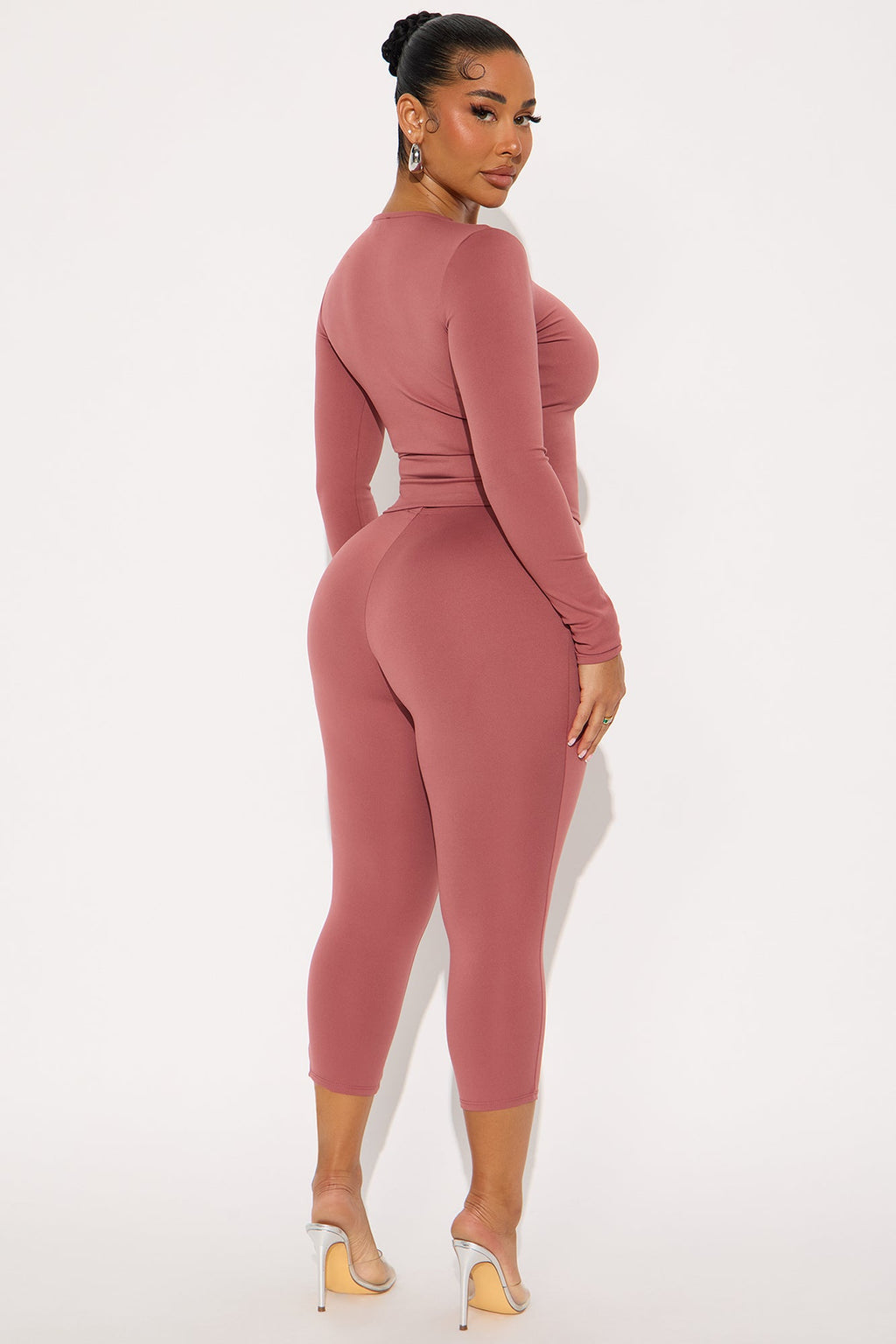All Day Sleek Long Sleeve Matte Tricot Capri Set - Marsala 