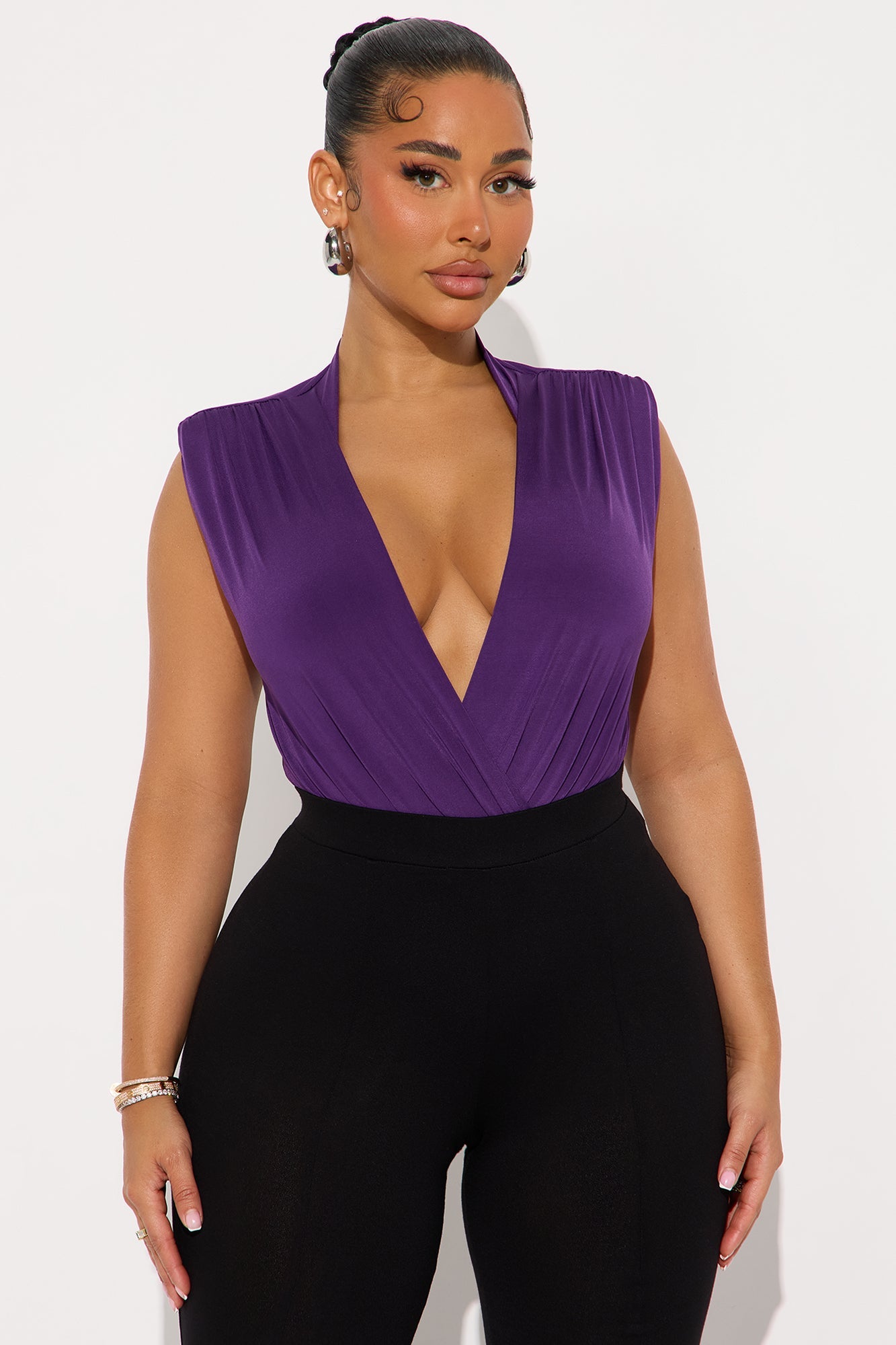 Gardenia Surplice Shoulder Pad Bodysuit - Eggplant
