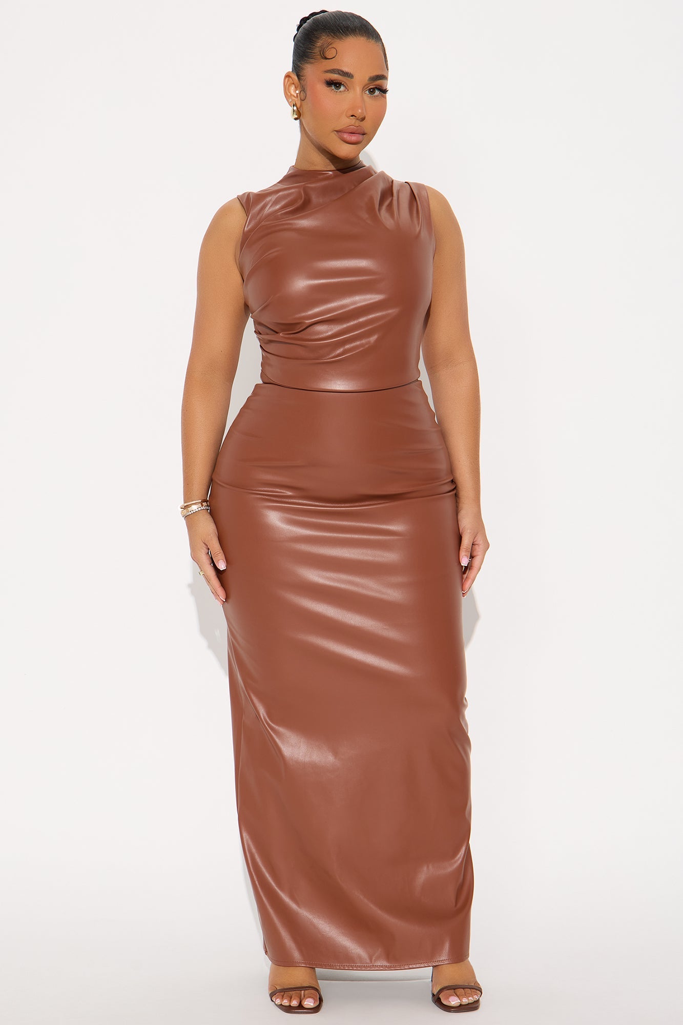 Millie Faux Leather Maxi Dress - Brown