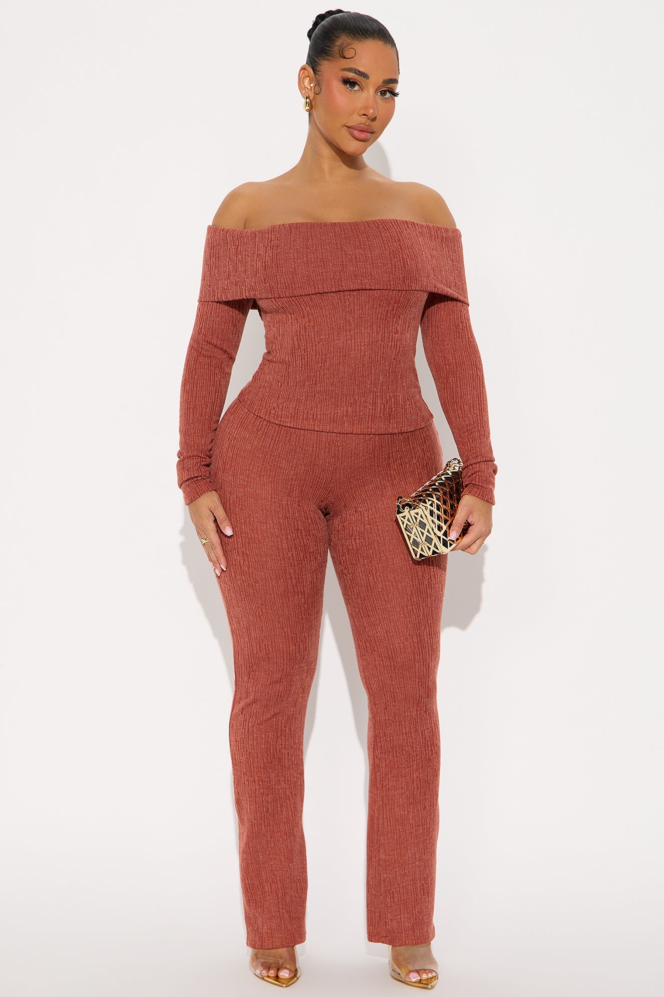 Cici Off Shoulder Pant Set - Rust
