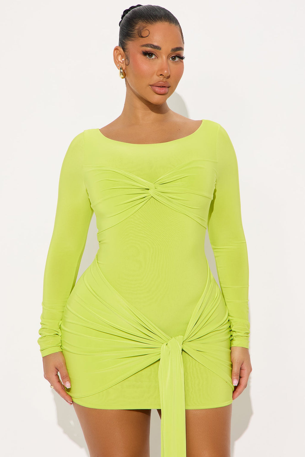 Destiny Draped Long Sleeve Micro Mini Dress - Lime