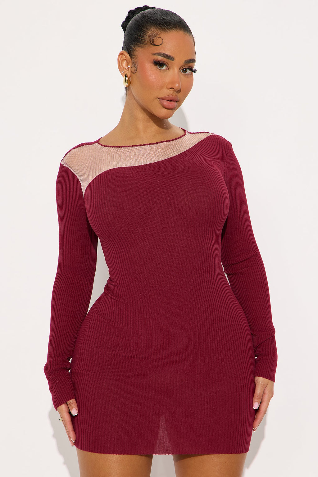 Burnt Bloom Mini Ribbed Dress - Burgundy