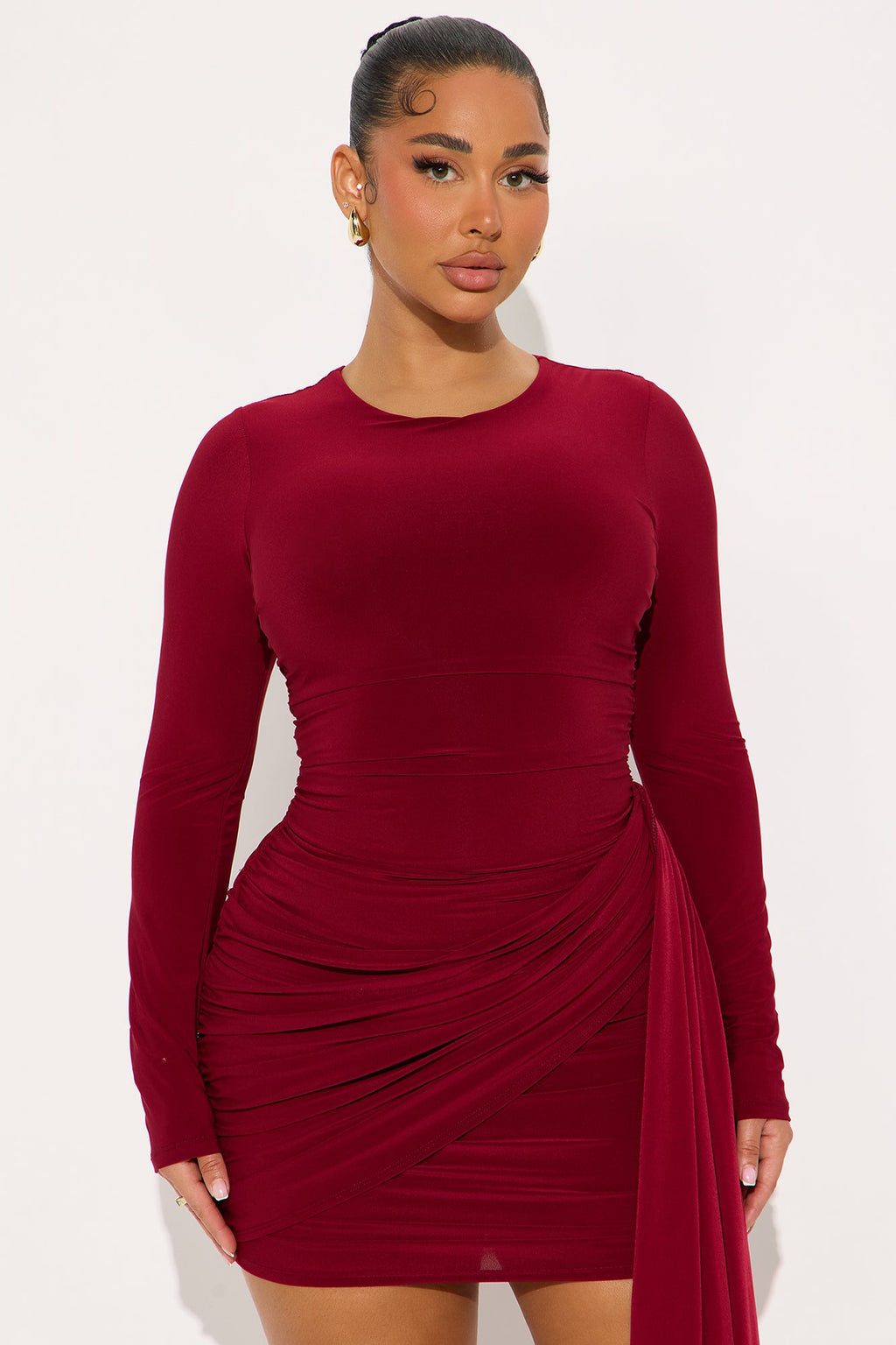 Stella Ruched Long Sleeve Mini Dress - Burgundy
