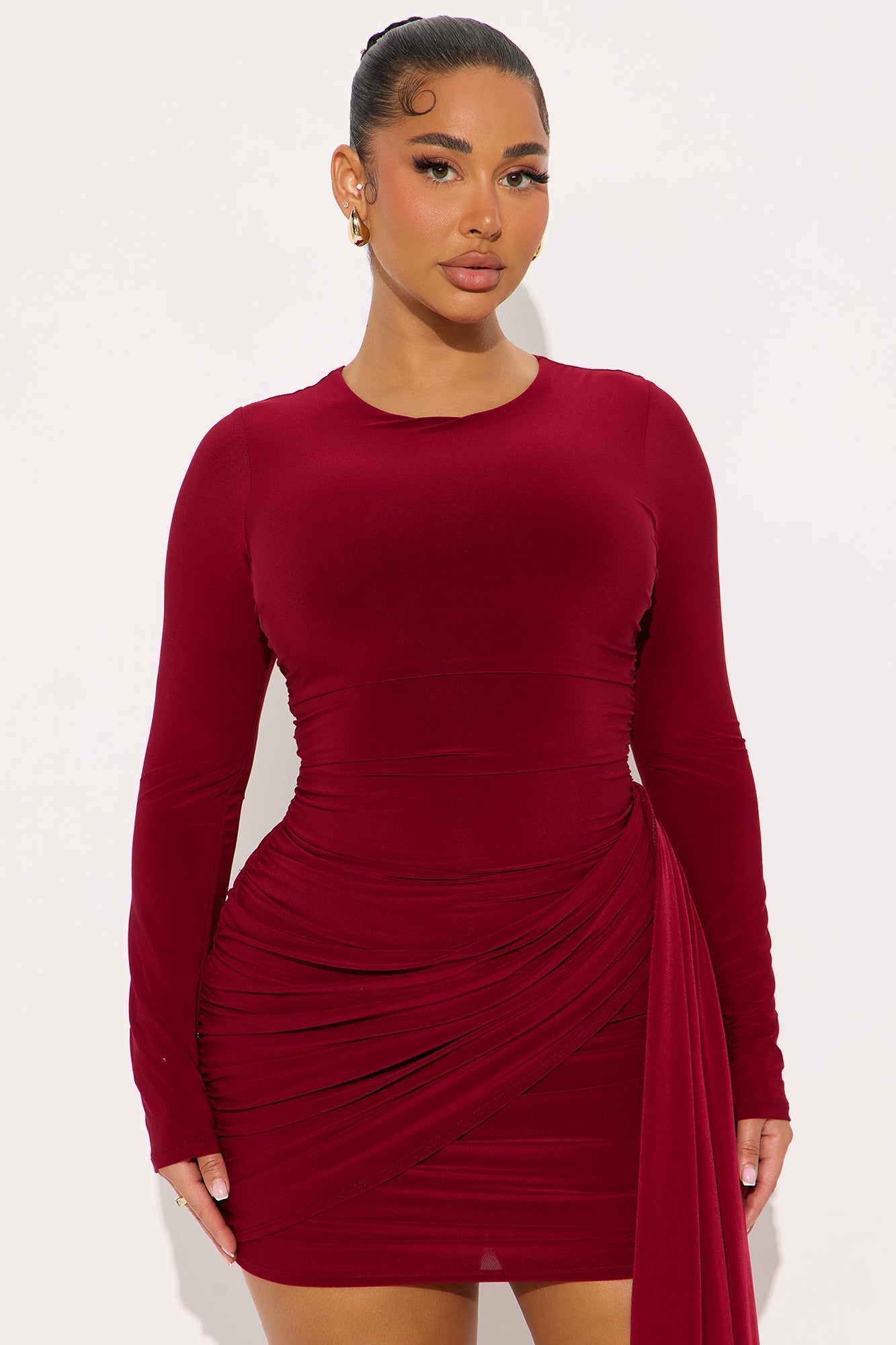 Stella Ruched Long Sleeve Mini Dress - Burgundy
