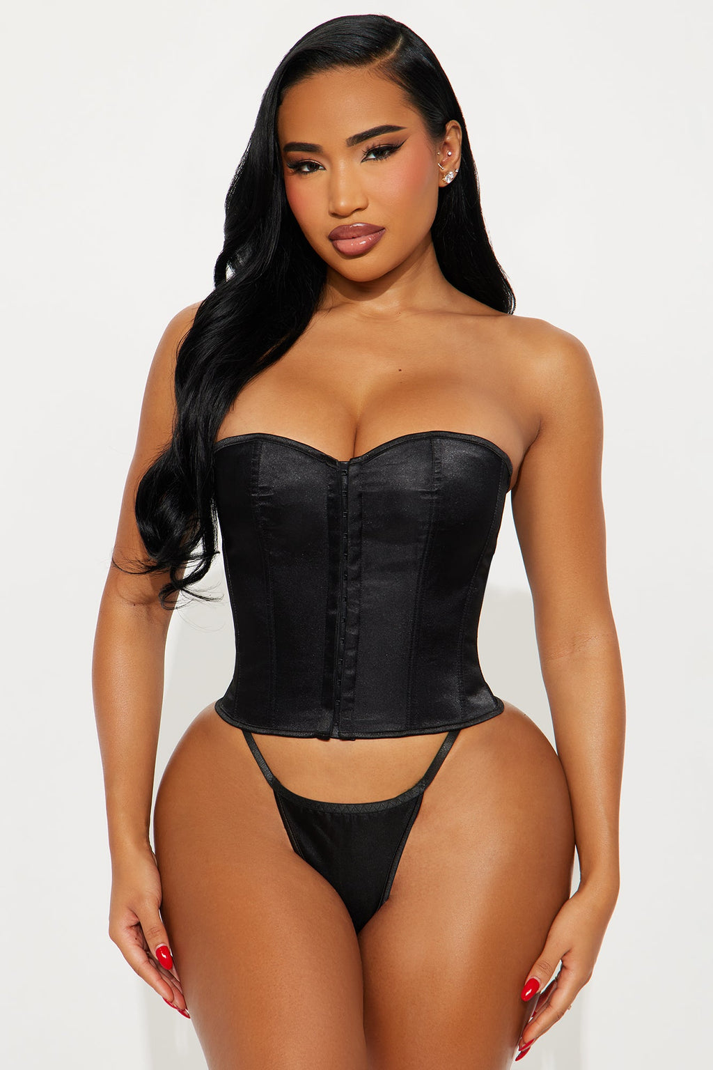 Never Miss Satin Lace Up Corset 2 Piece Set - Black