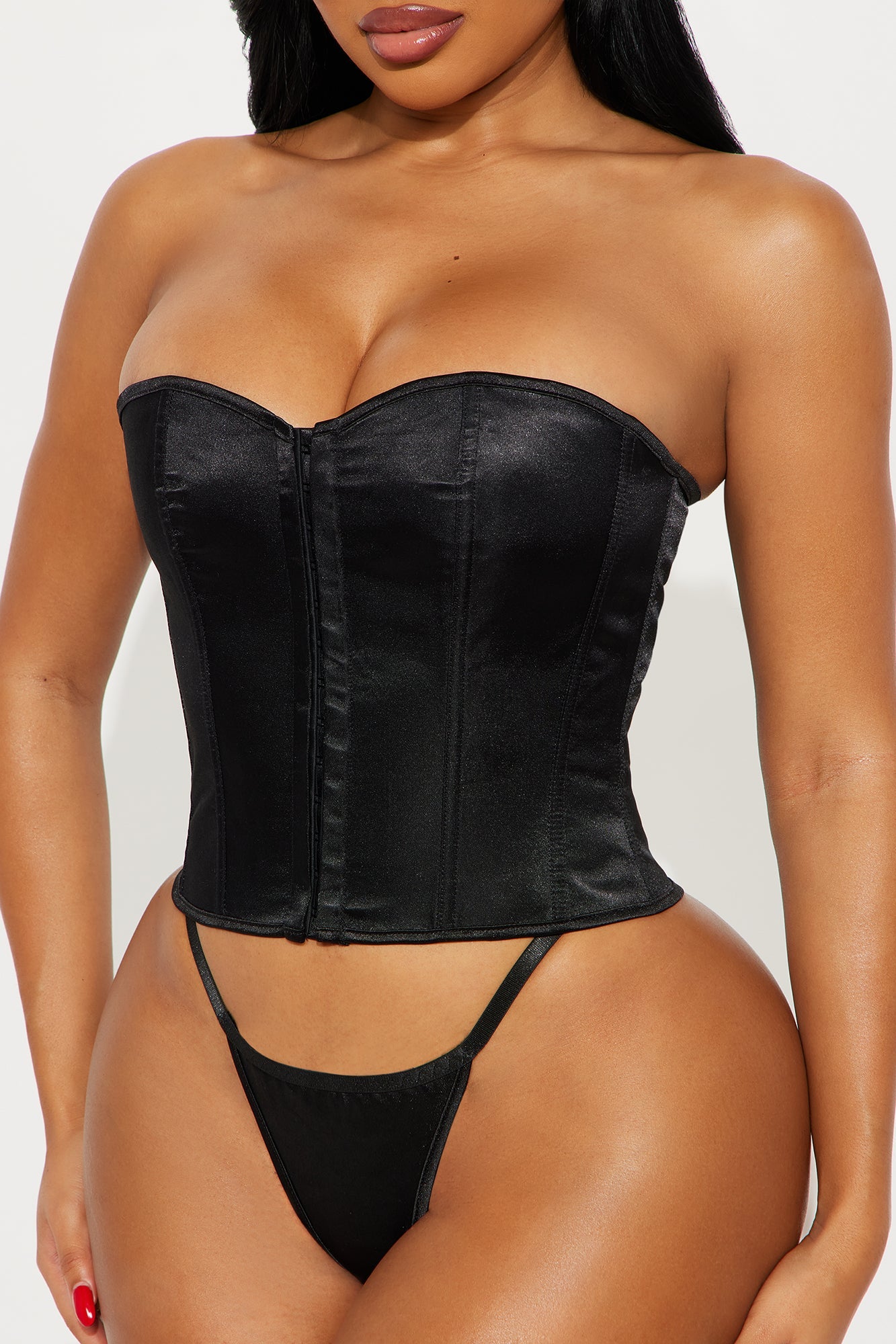 Never Miss Satin Lace Up Corset 2 Piece Set - Black