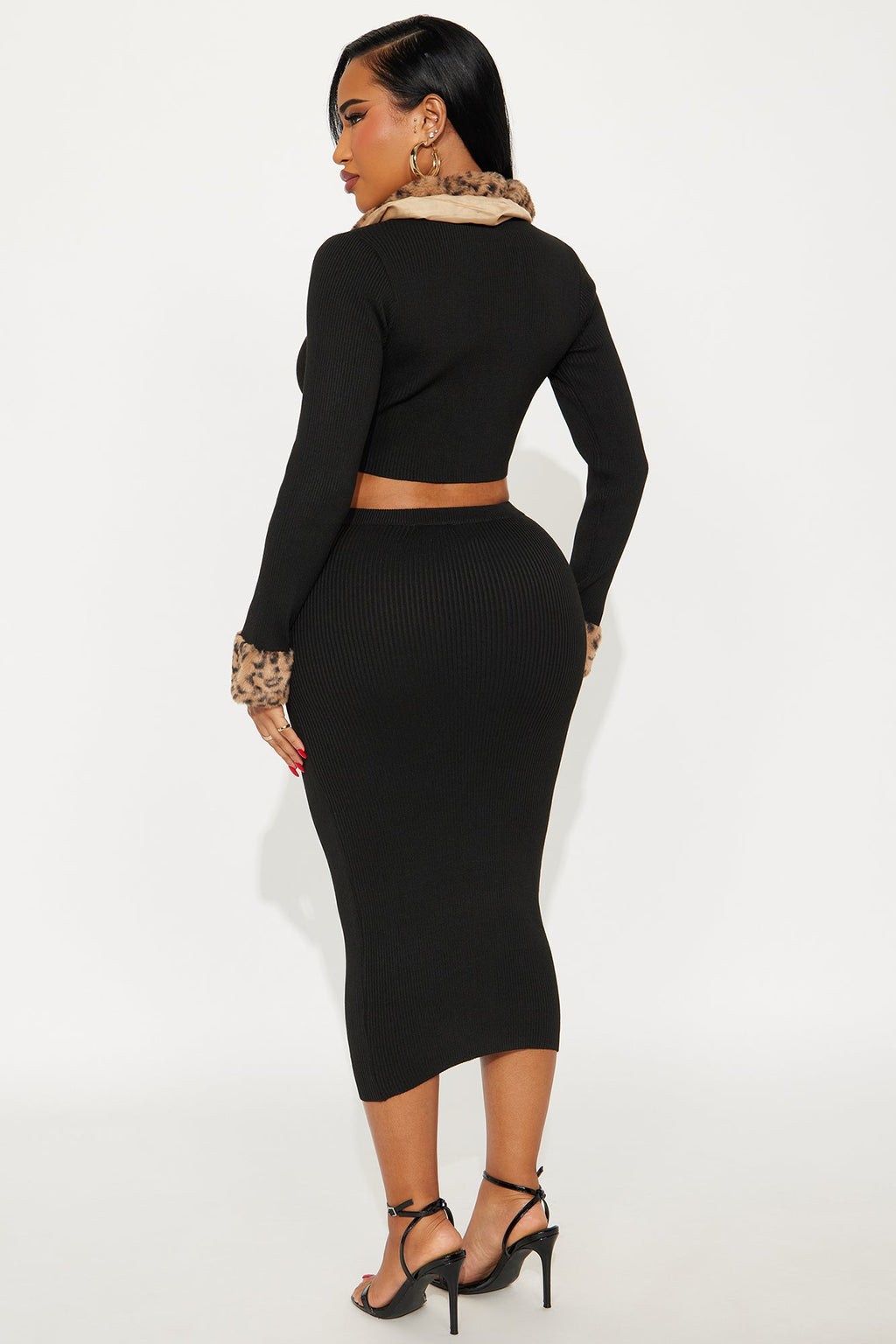 Haven Faux Fur Trim Ribbed Skirt Set - Black 