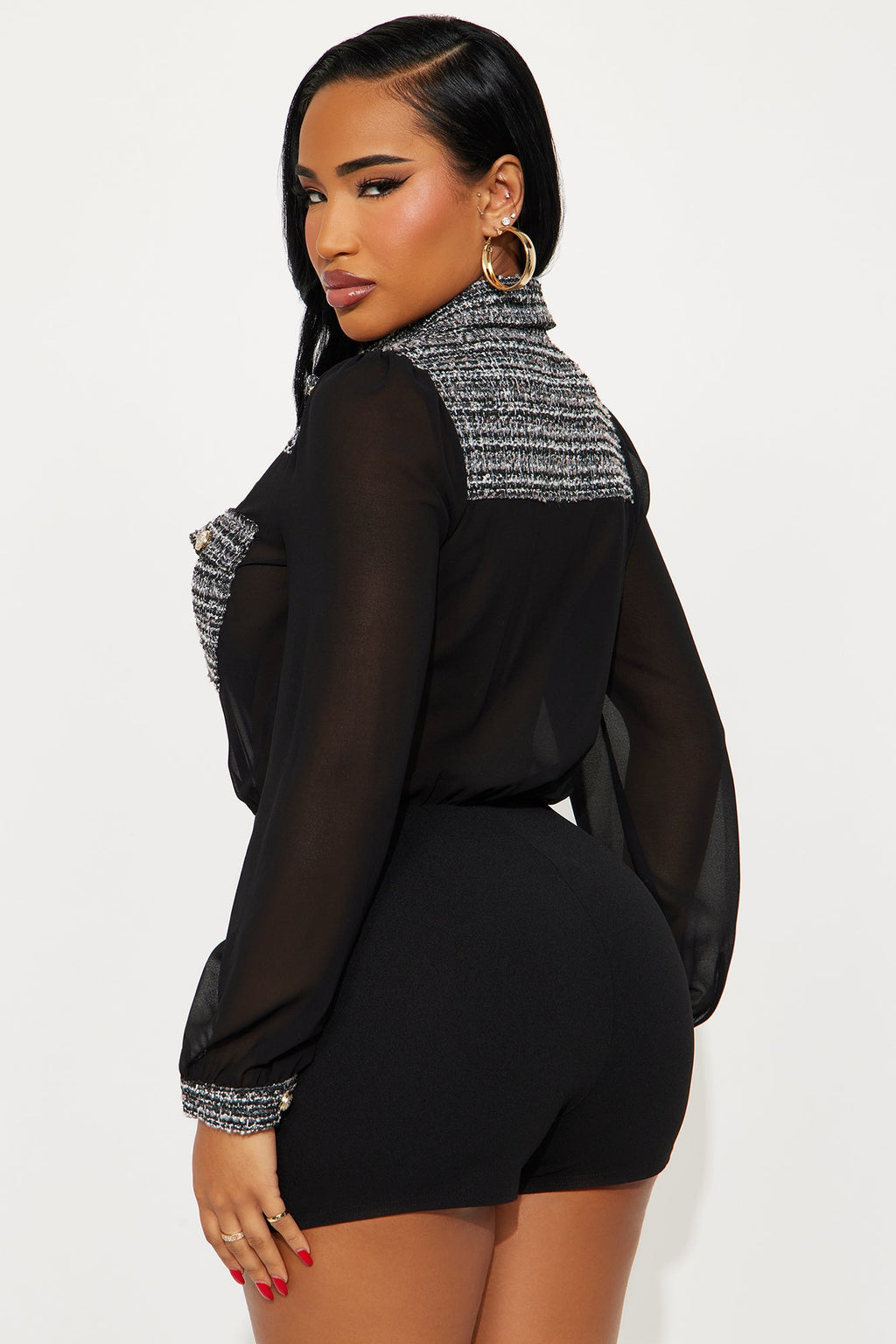 Lana Chiffon Long Sleeve Romper - Black/combo