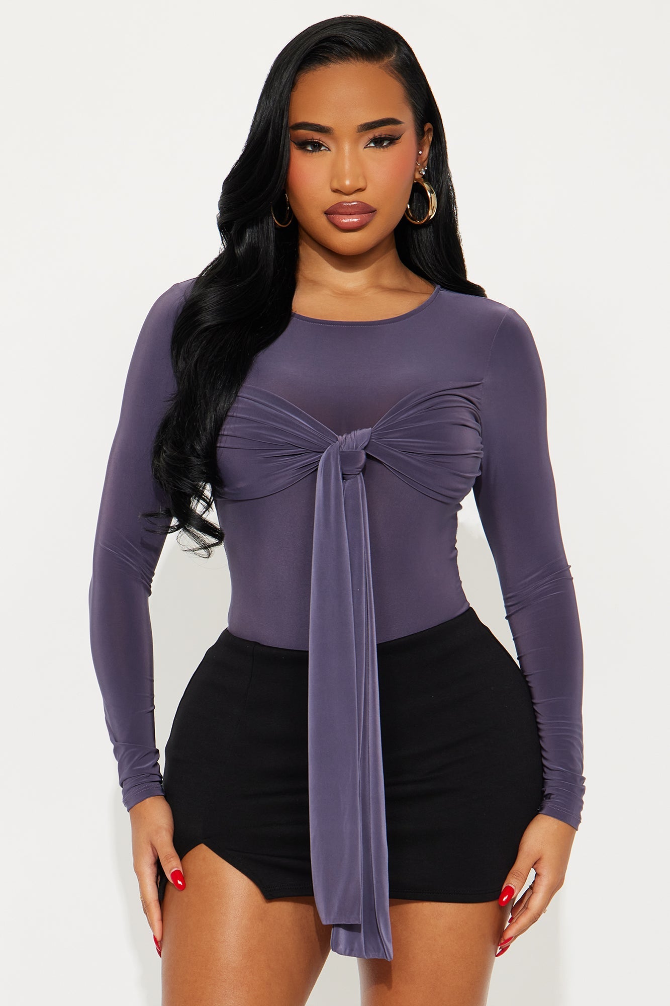 Inessa Long Sleeve Draped Bodysuit - Dark Grey
