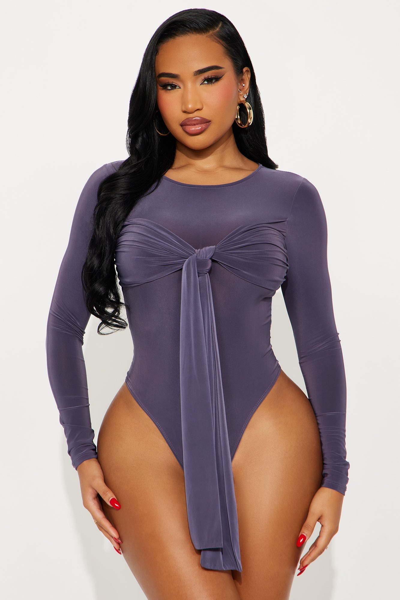 Inessa Long Sleeve Draped Bodysuit - Dark Grey