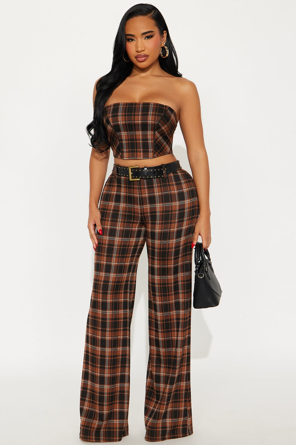 Presley Plaid 3 Piece Pant Set - Brown/combo