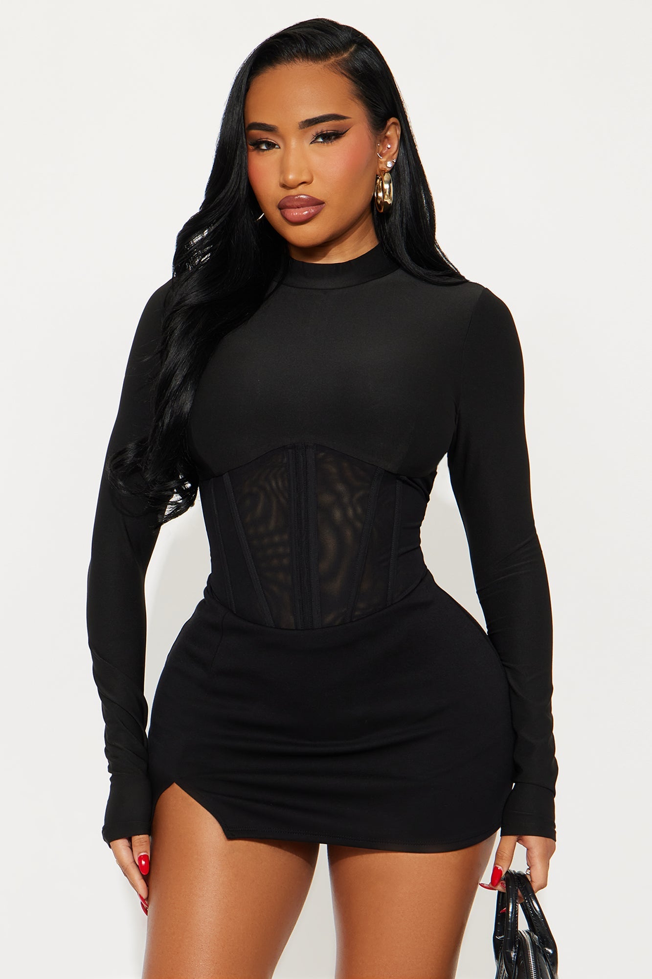 Kenny Long Sleeve Corset Bodysuit - Black