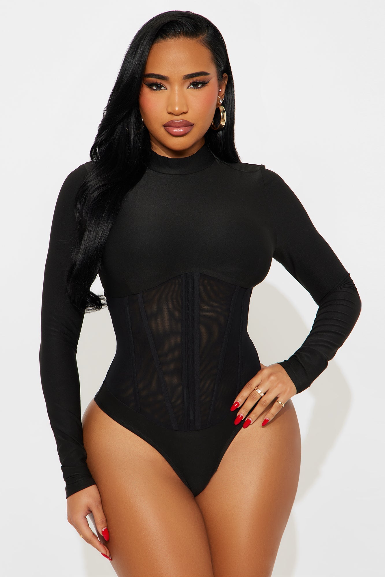 Kenny Long Sleeve Corset Bodysuit - Black
