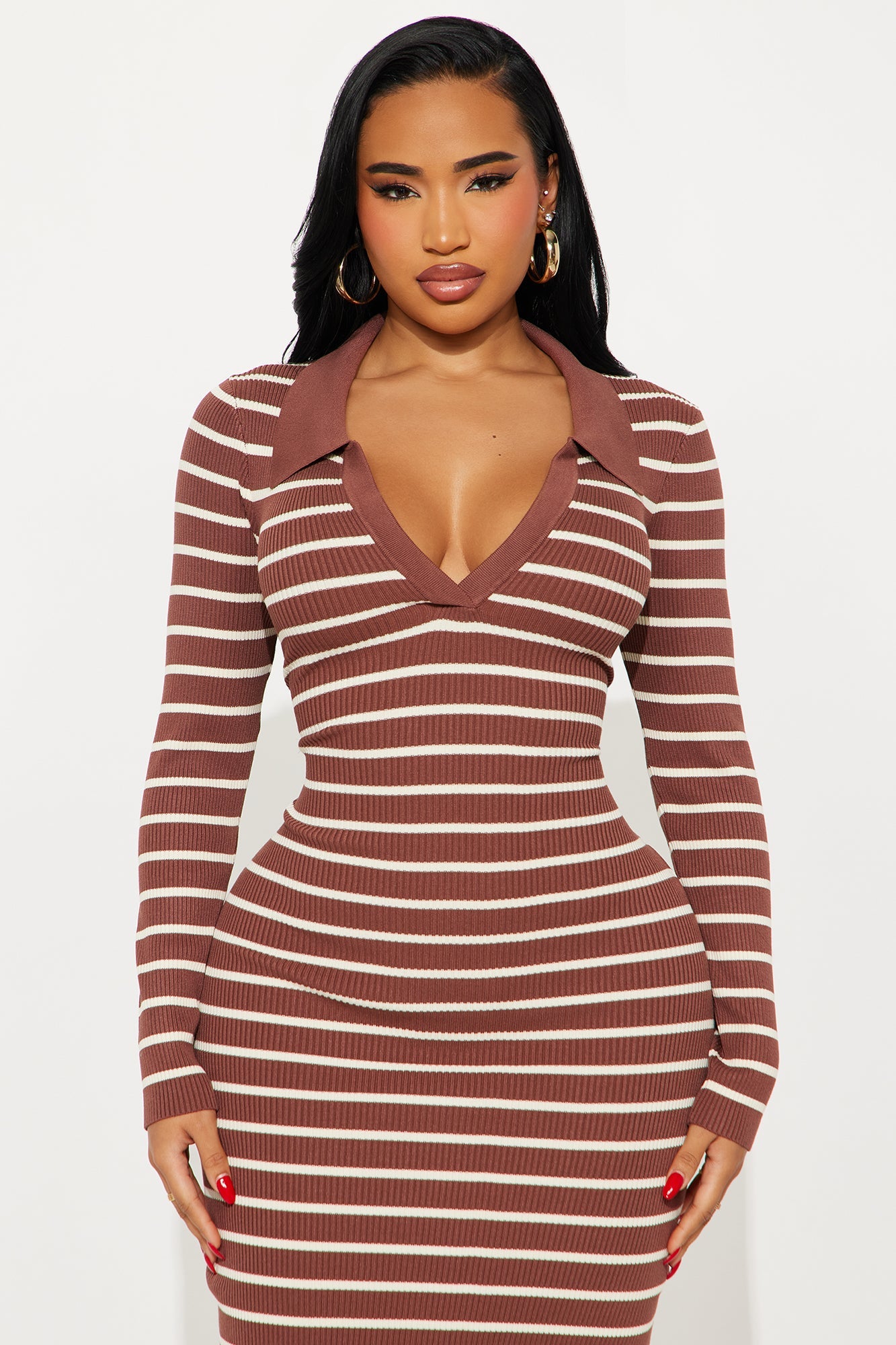 Suri Striped Ribbed Midi Dress - Brown/combo