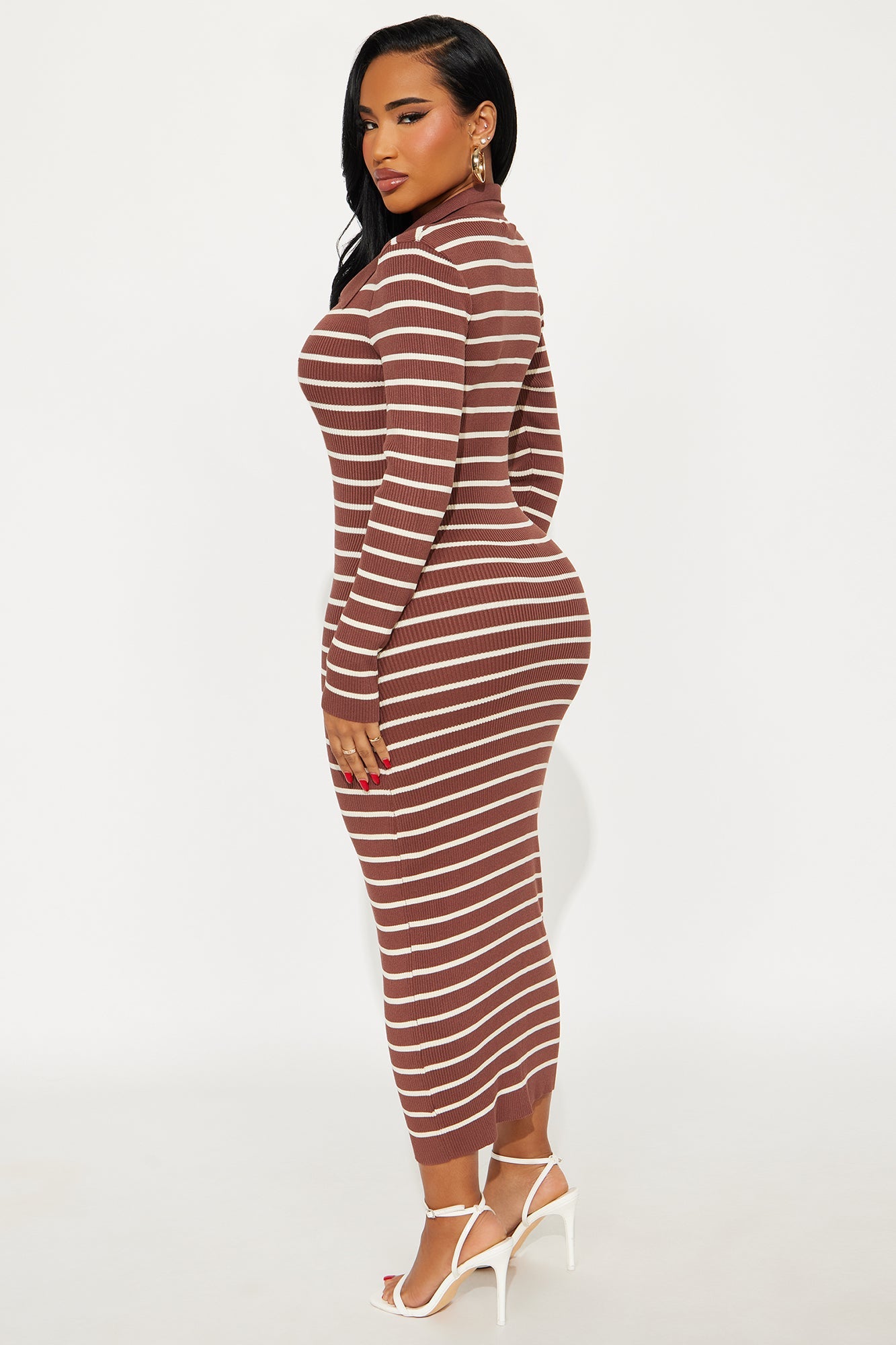 Suri Striped Ribbed Midi Dress - Brown/combo