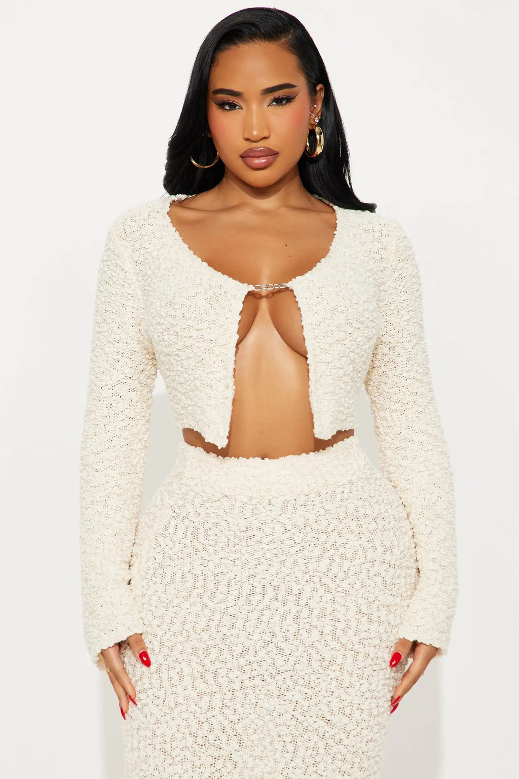 Better Than Expected Textured Midi Skirt Set - Cream 