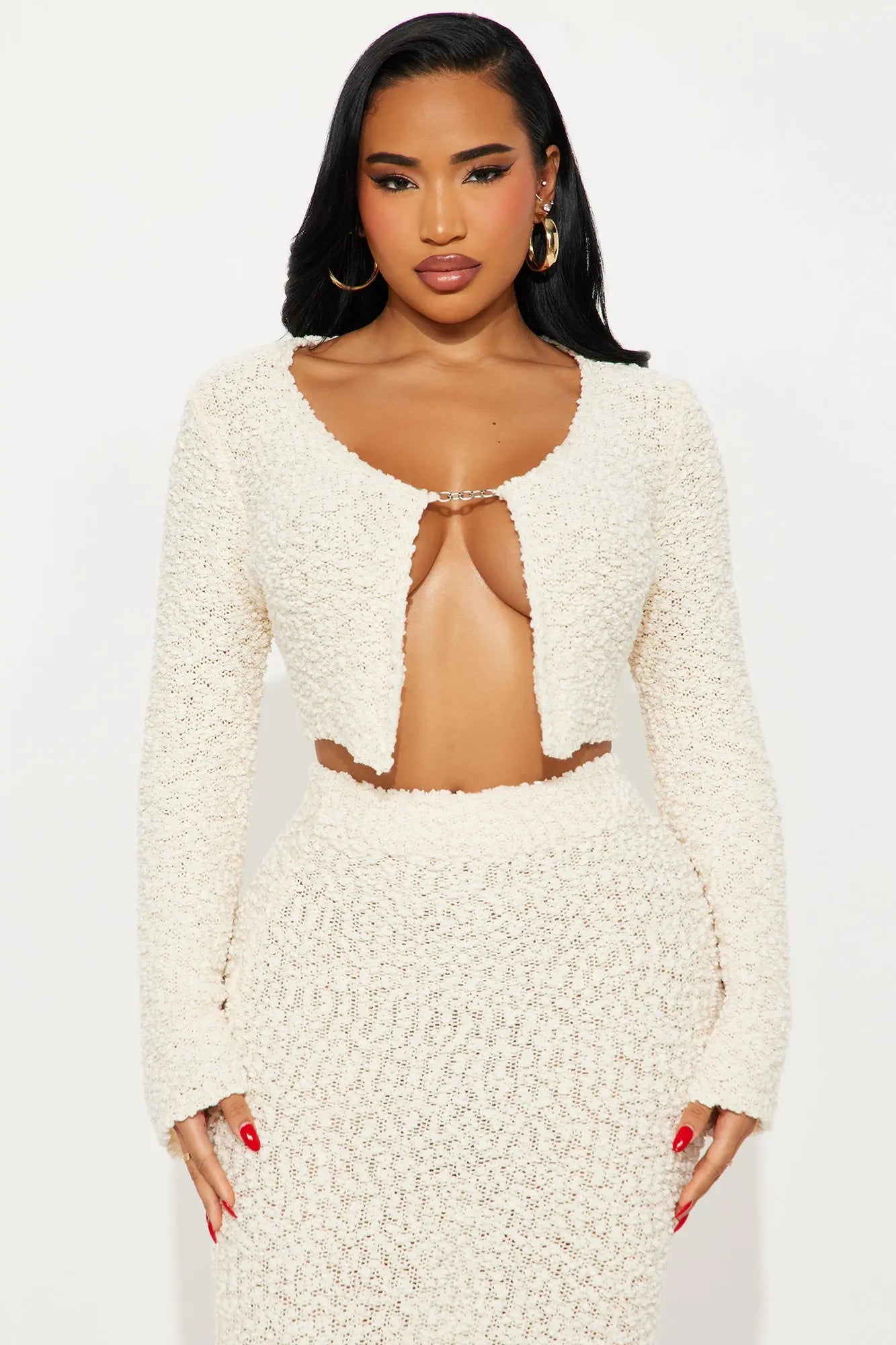 Better Than Expected Textured Midi Skirt Set - Cream 