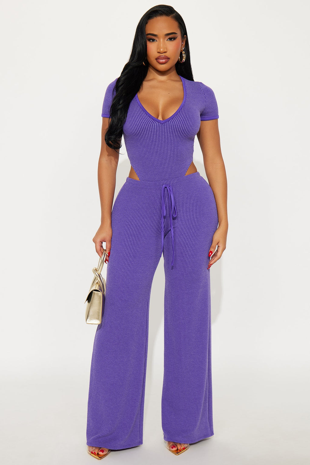 Paulette Short Sleeve Ribbed Bodysuit Pant Set - Purple