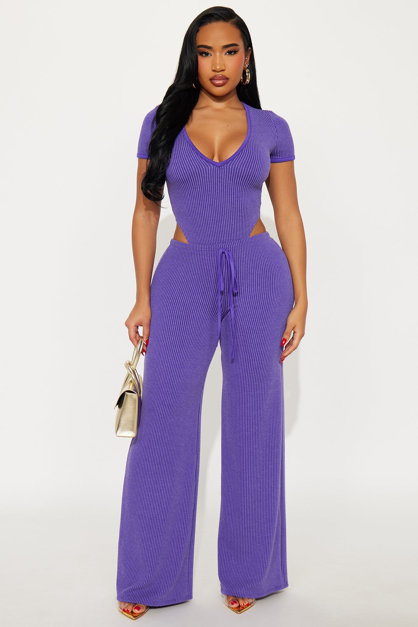 Paulette Short Sleeve Ribbed Bodysuit Pant Set - Purple