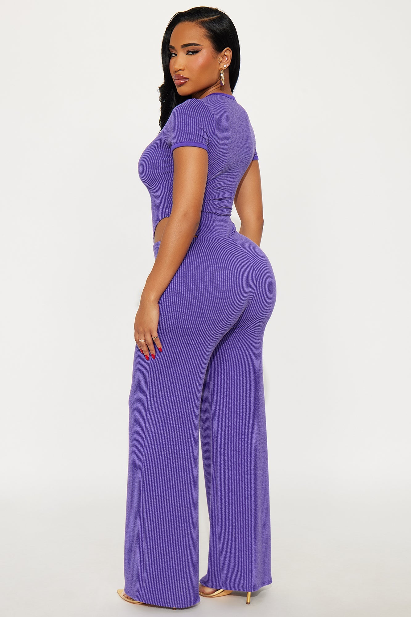 Paulette Short Sleeve Ribbed Bodysuit Pant Set - Purple