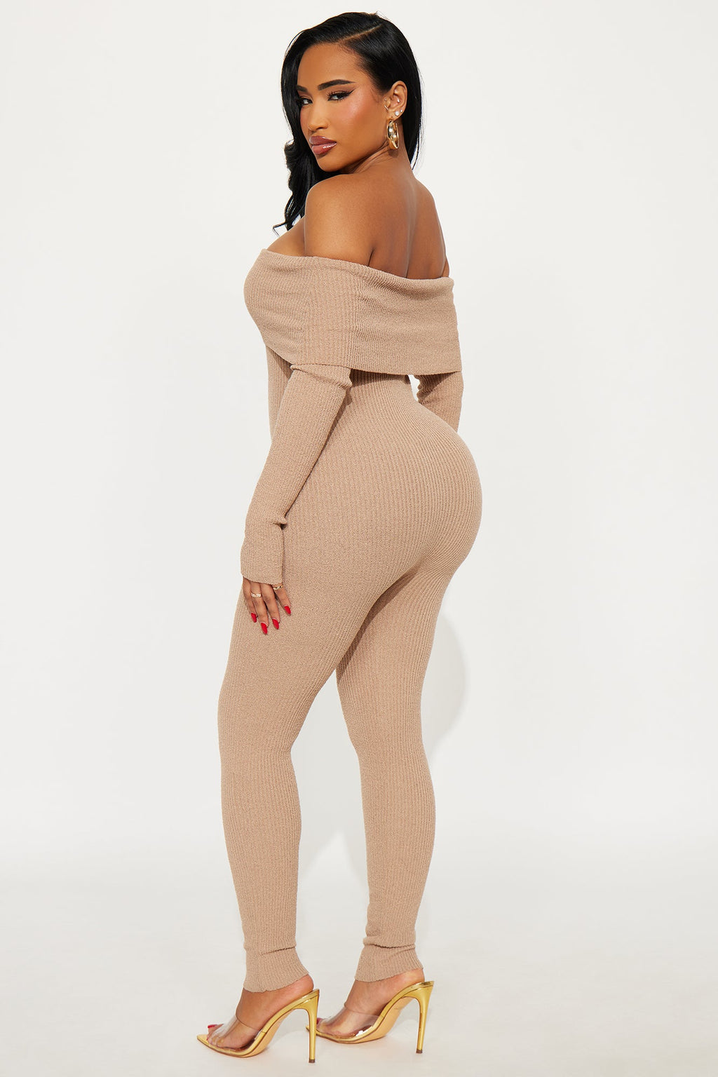 Just For Me Sweater Off Shoulder Skinny Leg Jumpsuit - Taupe