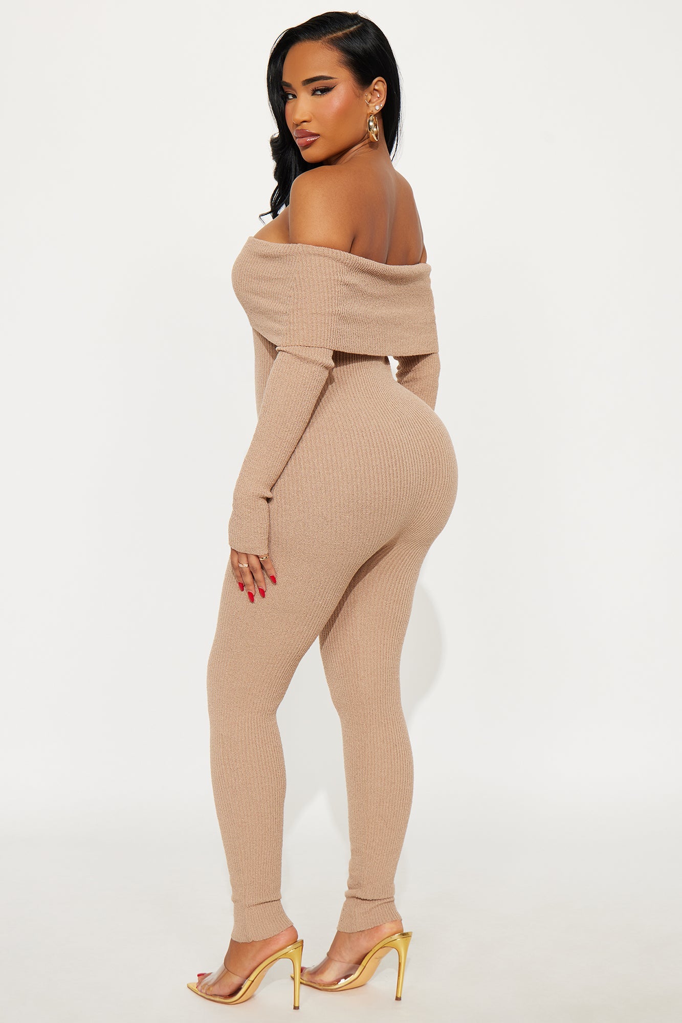 Just For Me Sweater Off Shoulder Skinny Leg Jumpsuit - Taupe
