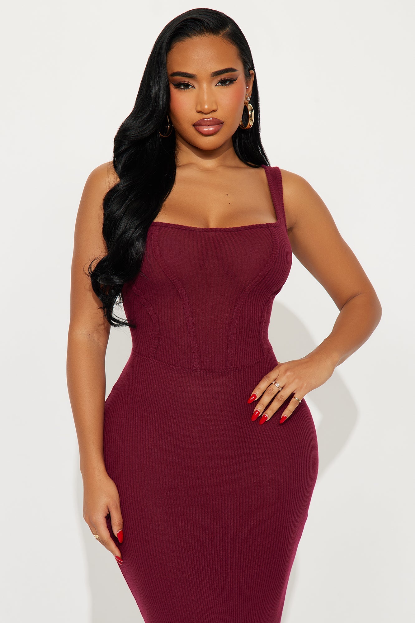 Leah Long Sleeve Shrug Ribbed Midi Dress Set - Burgundy