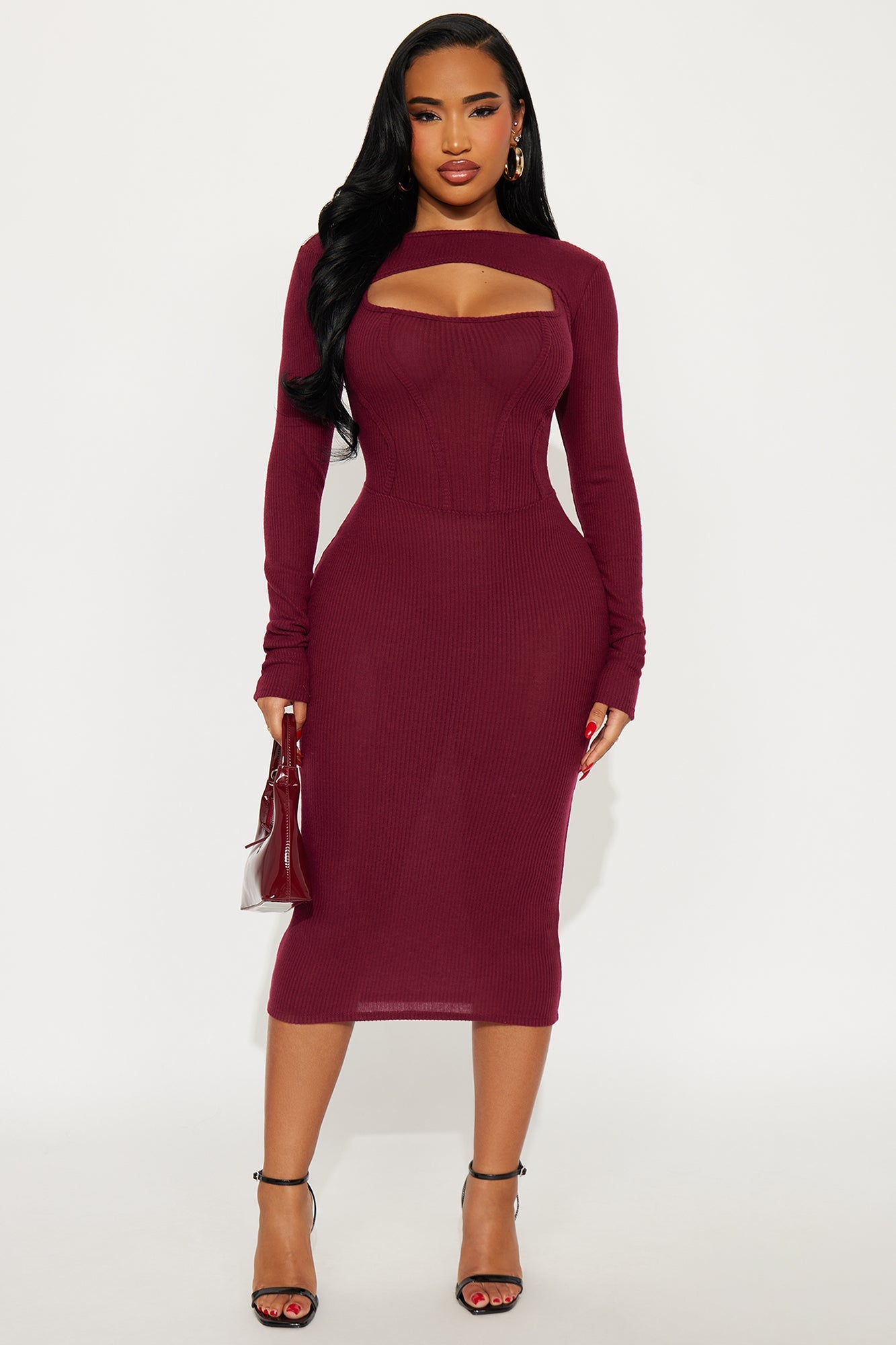 Leah Long Sleeve Shrug Ribbed Midi Dress Set - Burgundy