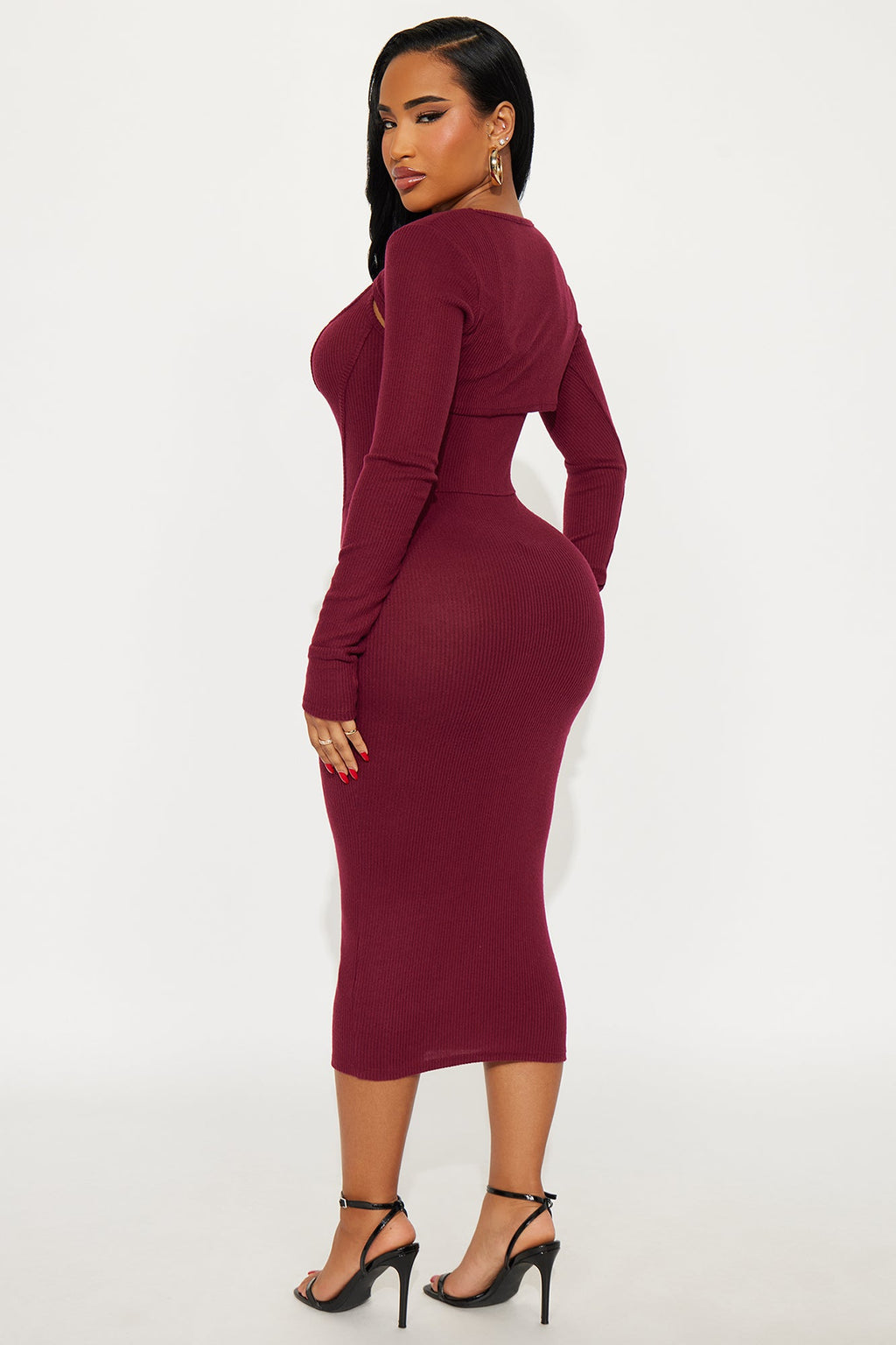 Leah Long Sleeve Shrug Ribbed Midi Dress Set - Burgundy
