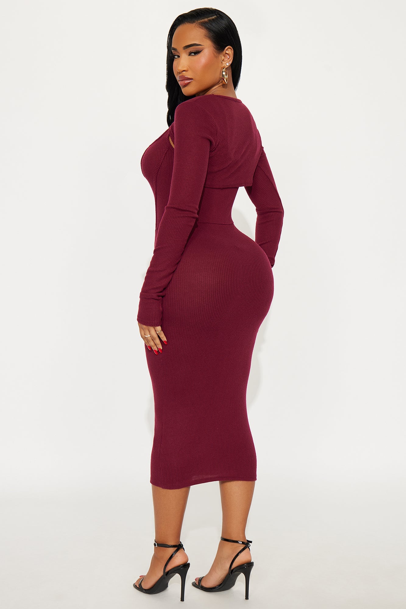 Leah Long Sleeve Shrug Ribbed Midi Dress Set - Burgundy